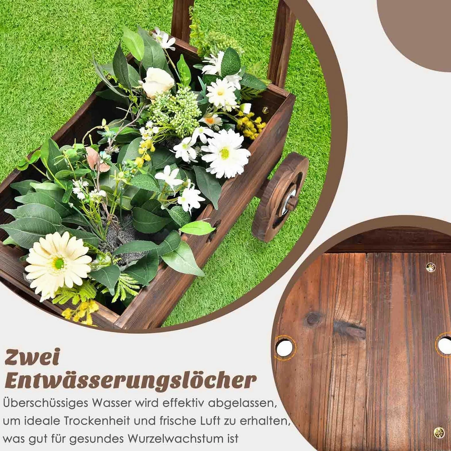 FANTASK Chariot à Fleurs en Bois avec Roues et poignée, Chariot de Plantation avec Trou de Drainage, Diable Rustique, pour Jardin, terrasse, Pot de Fleurs, brouette, décoration de Jardin, jardinière