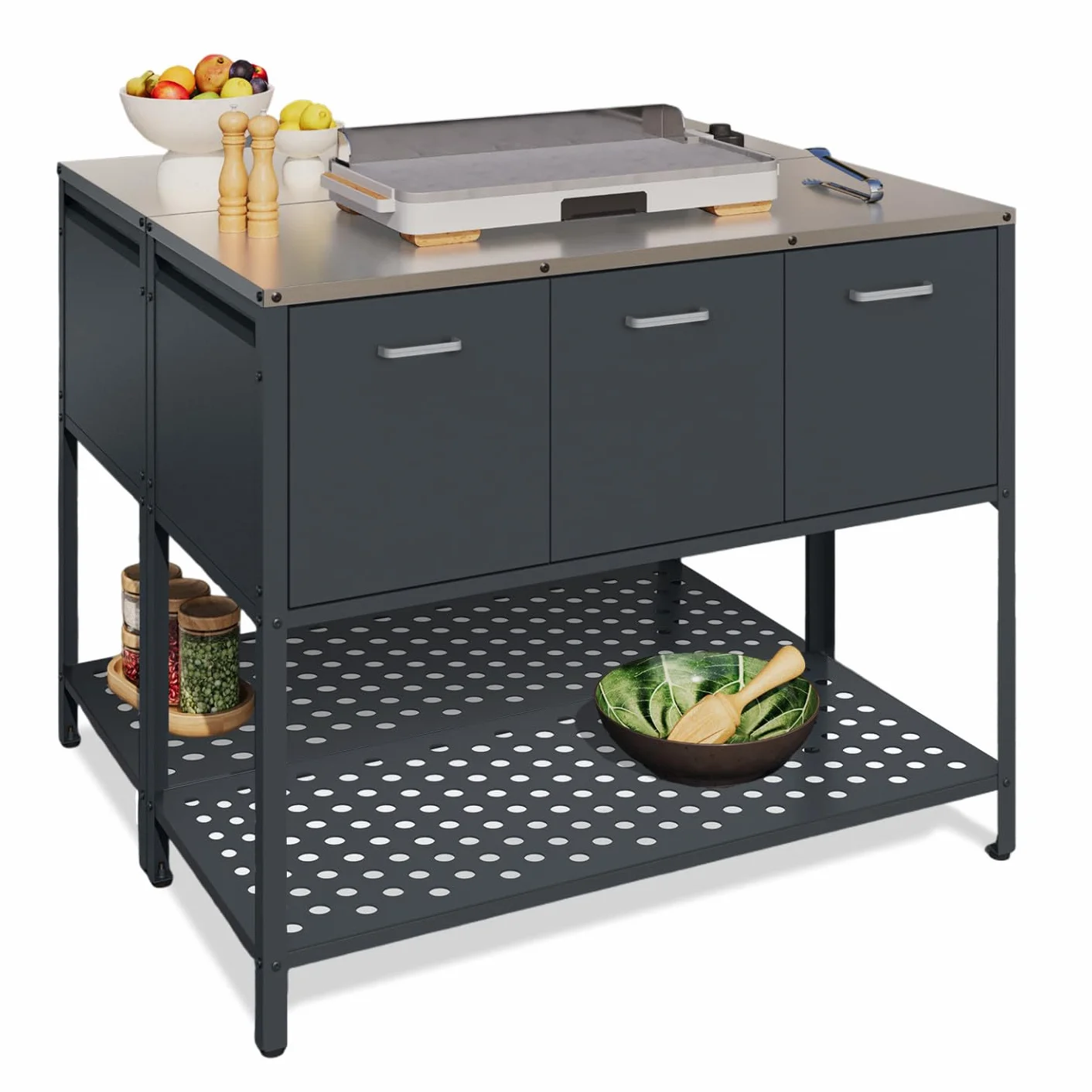 Meuble de Cuisine extérieure Pareo 3 Portes avec étagère en Acier Gris Anthracite