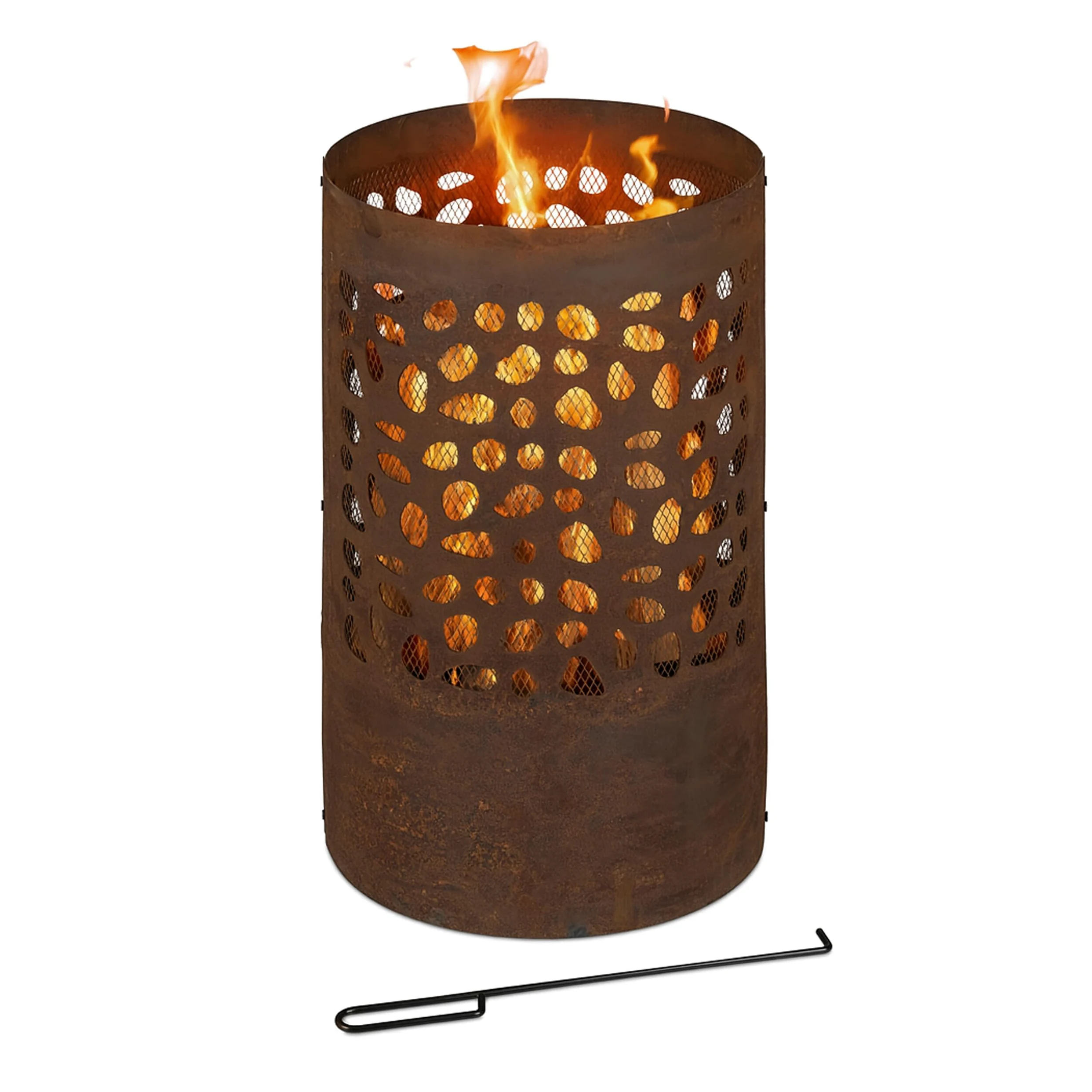 Relaxdays Brasero avec Pare-étincelles, tisonnier et Grille de Foyer, extérieur, H x D : 60x37 cm, Acier Corten, Marron