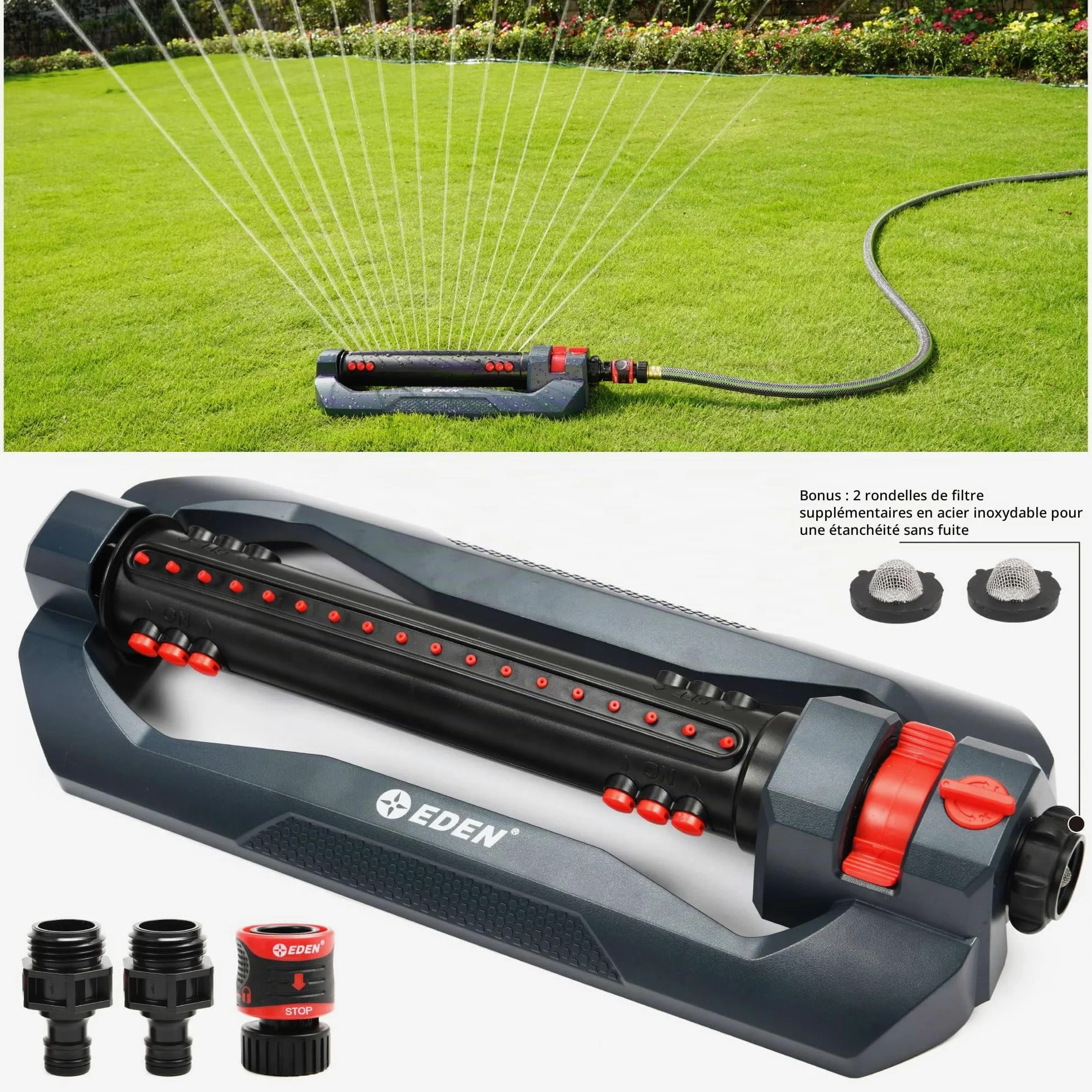 Eden 96212 Arroseur oscillant Turbo, Couvre jusqu'à 4 499 m², 18 Buses de précision, Base lestée, Commandes de débit et de Largeur, Plage réglable, interrupteurs à Triple buse, connexions Rapides