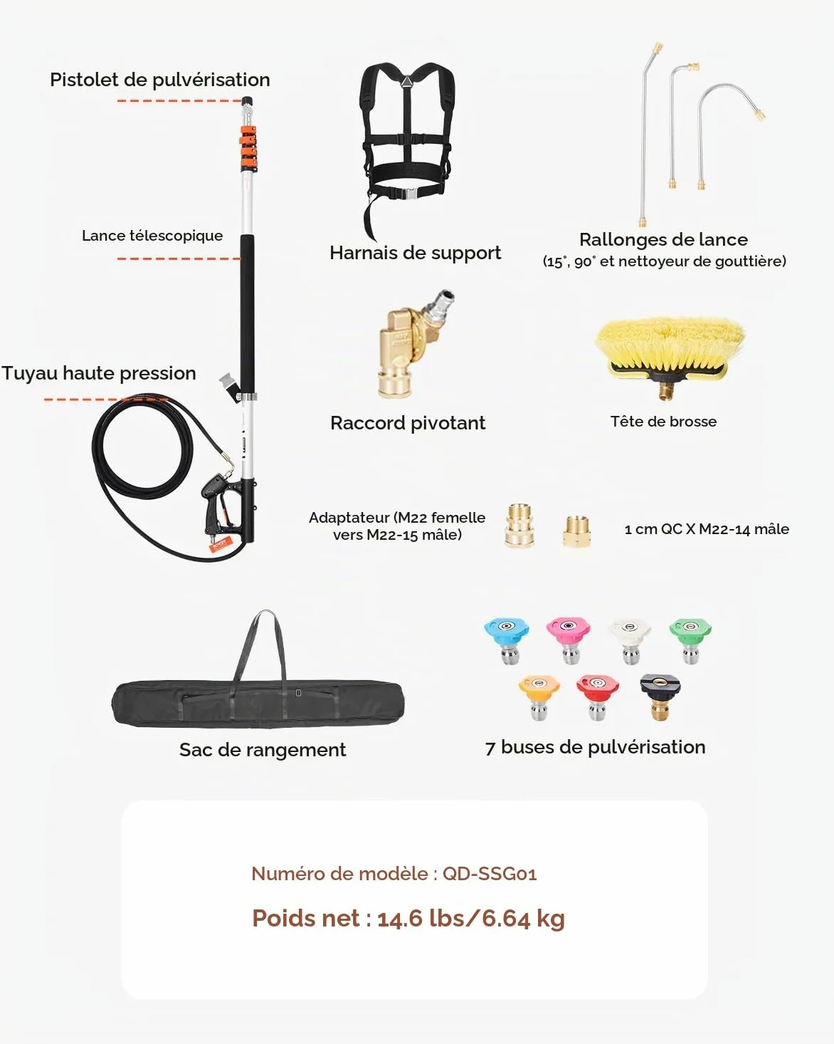 VEVOR Lance Télescopique pour Nettoyeur Haute Pression 6358 mm, Baguette Pulvérisation Télescopique 4000 psi avec Rallonges, Tête Brosse, Coupleur Pivotant, 7 Buses, Harnais de Support, pour Gouttière