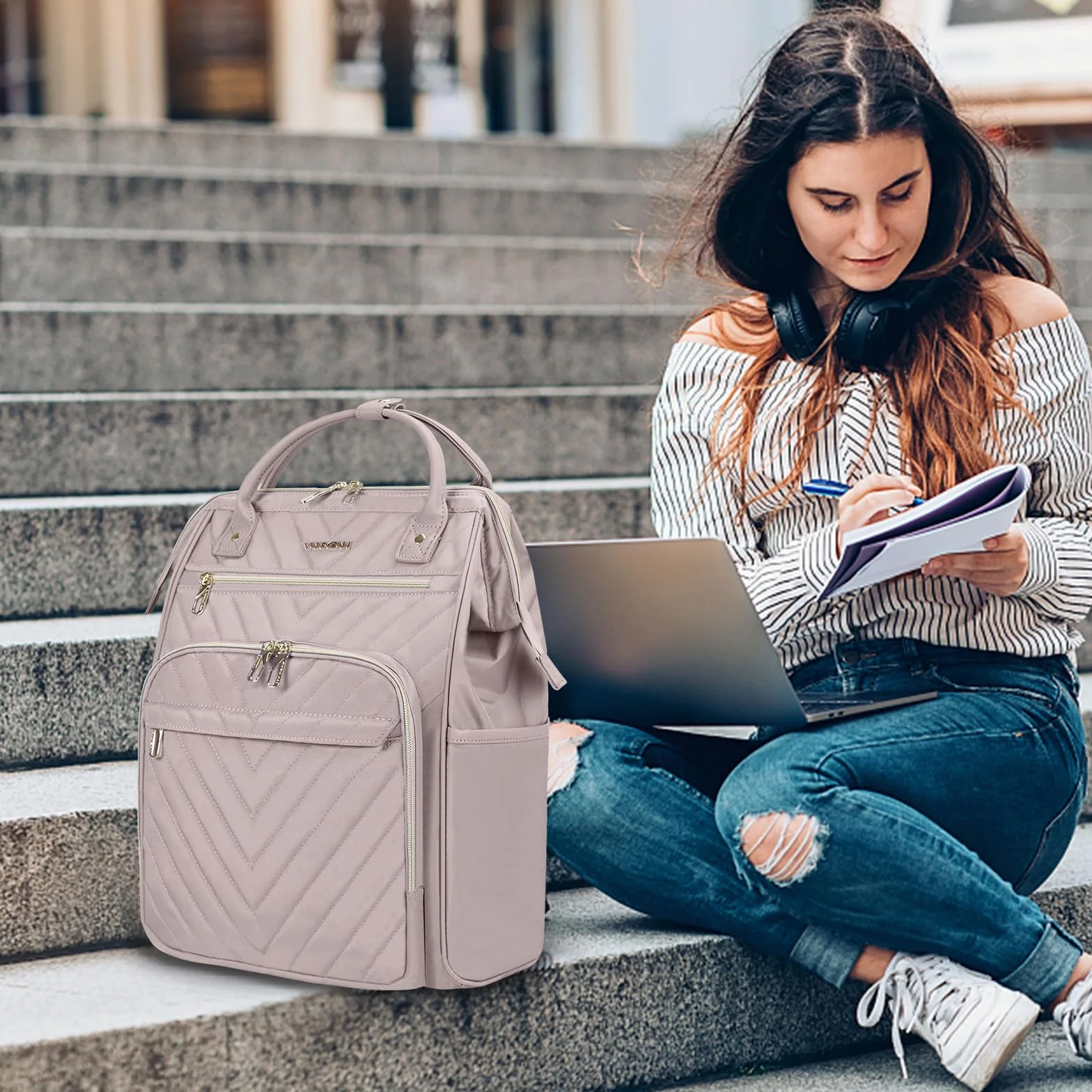 VANKEAN Sac à Dos Ordinateur Portable 17 Pouces Imperméable Grande Capacité Rose