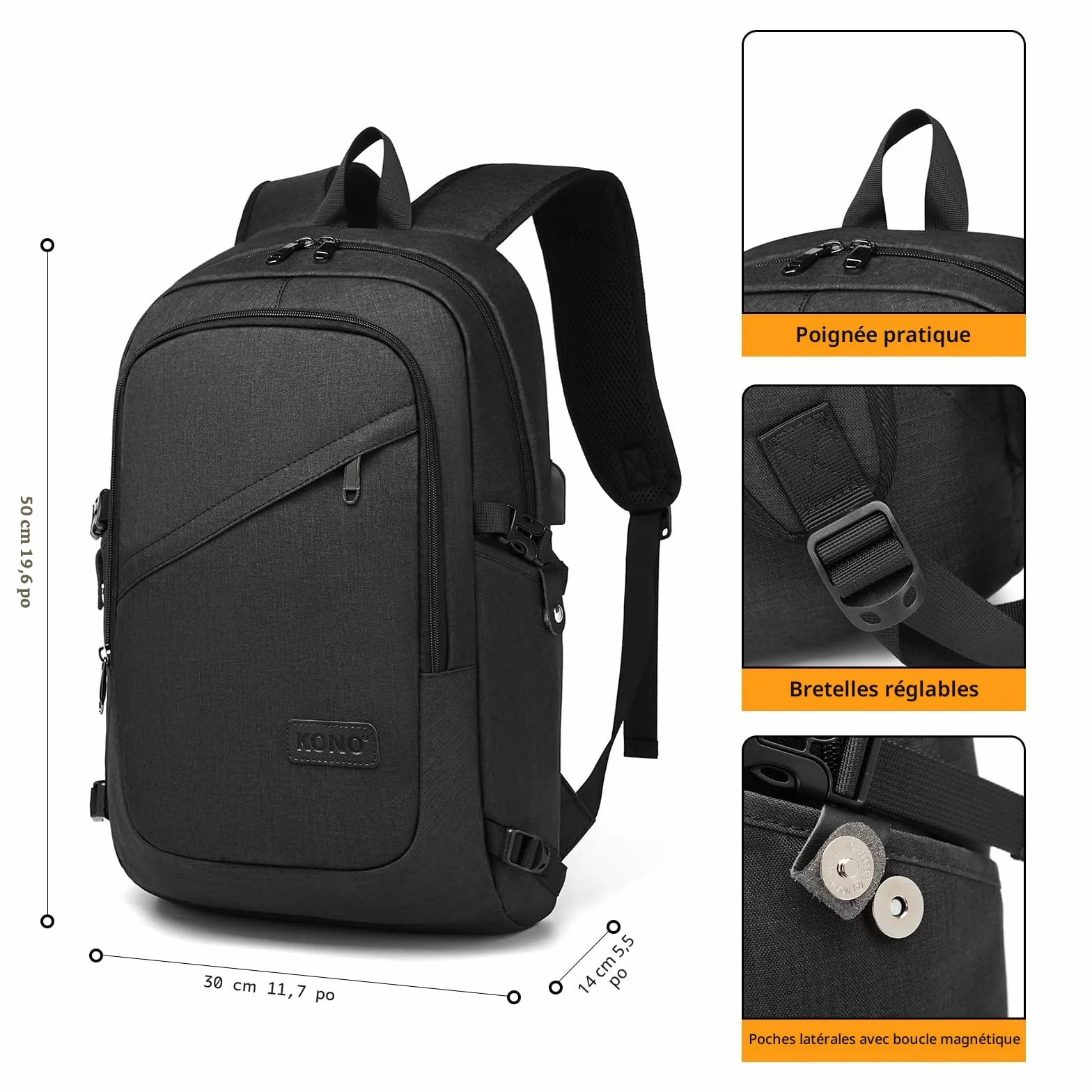 Sac à Dos Ordinateur Portable 15.6 Pouces Antivol avec Cadenas et Port USB, Imperméable Voyage Travail Vélotaf Scolaire Homme Femme Noir