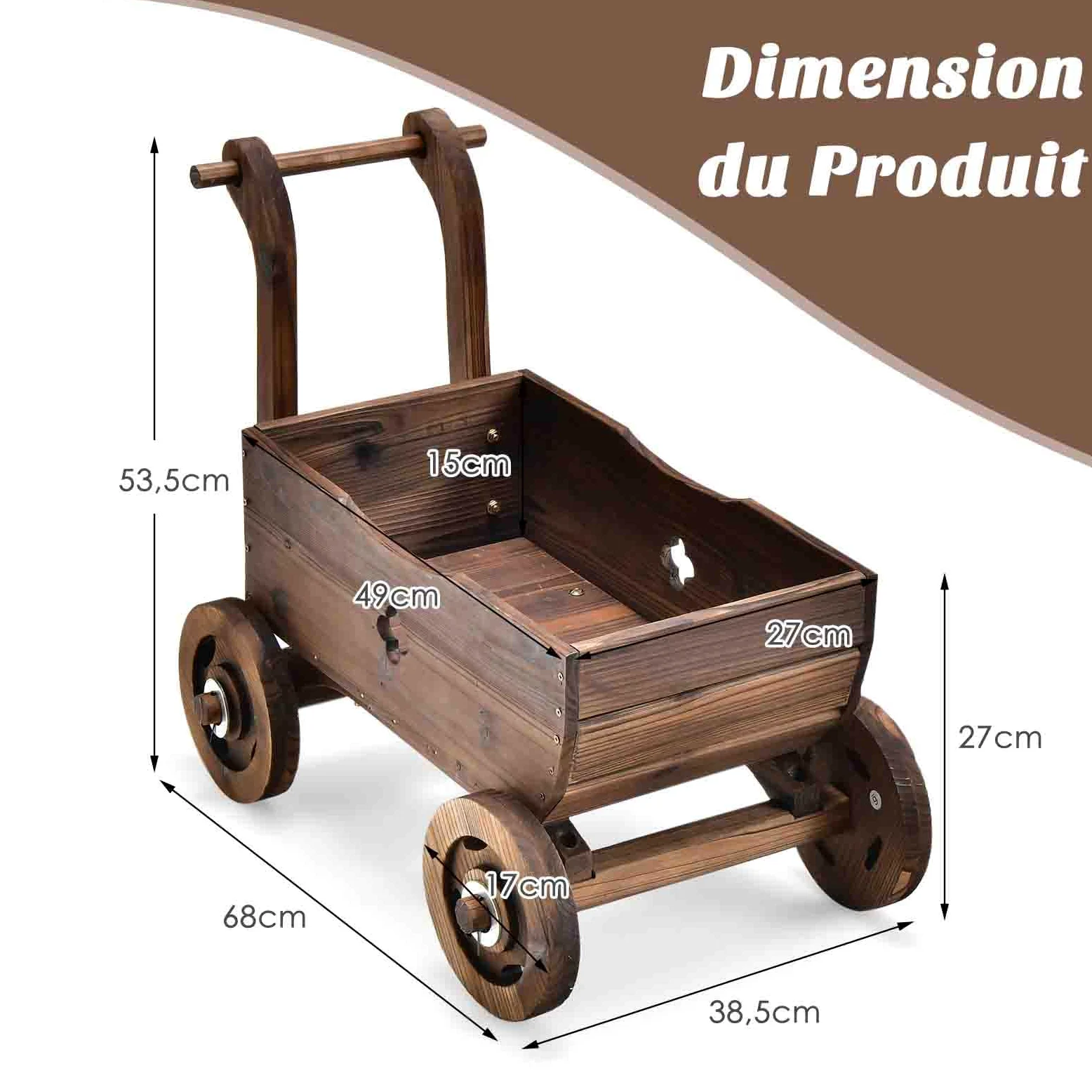 COSTWAY Brouette à Fleurs Jardinière en Bois de Sapin Carbonisé à Roues, Jardinière de Jardin avec Poignée et Trou de Drainage Charge 20KG, pour Patio Jardin Cour, 68 x 38,5 x 53,5 cm