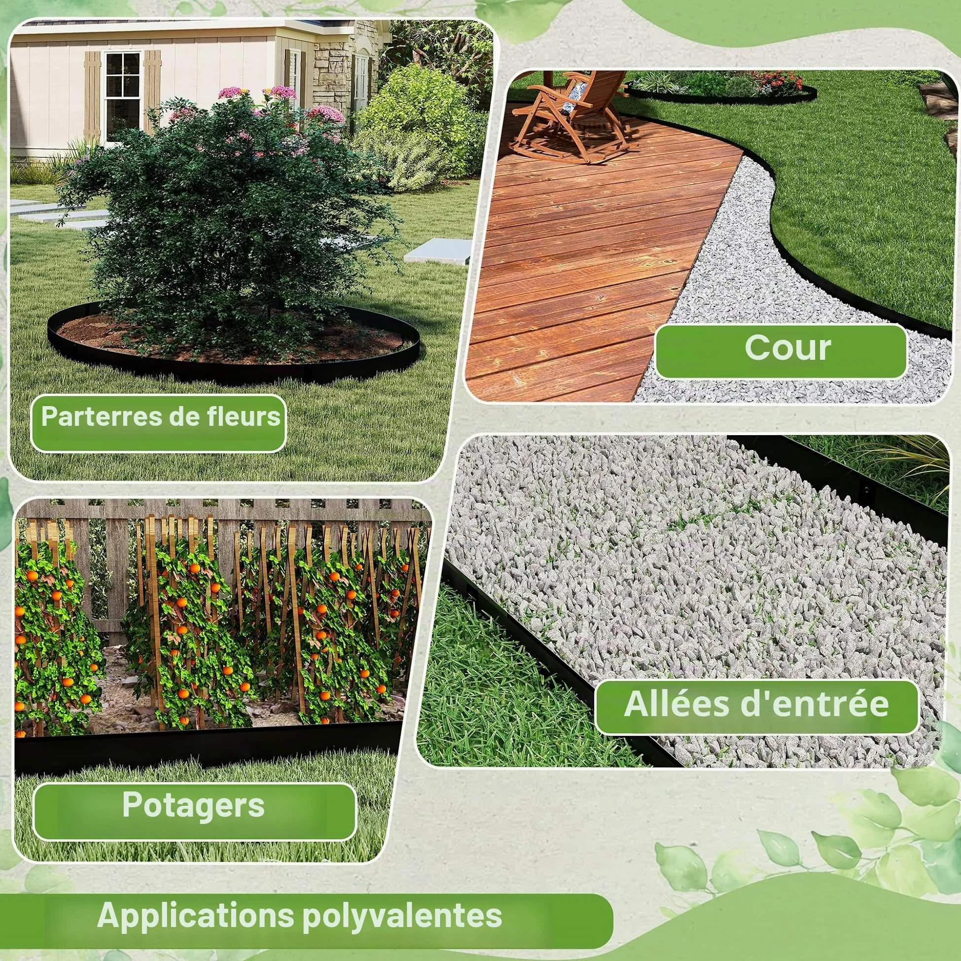 FIVMEN Lot de 10 bordures de pelouse en métal galvanisé avec 50 piquets d'ancrage - délimitation flexible de parterre - Noir - 100 x 10 cm