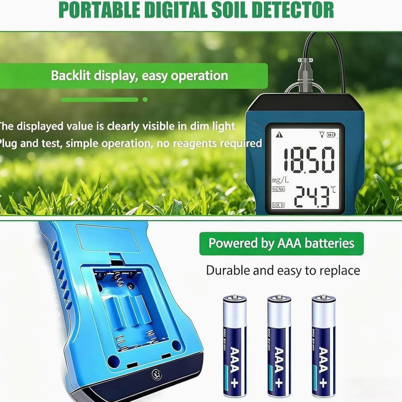 Kit numérique d'analyse de sol pour plantes, Testeur d'humidité, NPK, pH et conductivité : précision laboratoire, facile à utiliser, économies (pas de frais labo). Usage intérieur/extérieur, durable