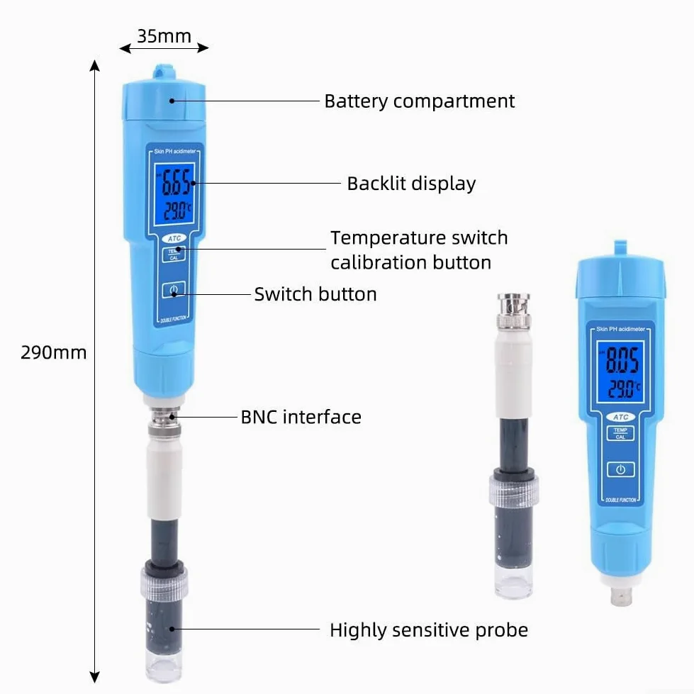 Testeur de pH numérique et thermomètre IP67 étanche pour sol, eau, nourriture, acidité, testeur avec ATC pour laboratoire, aquarium, maison, jardin, bleu