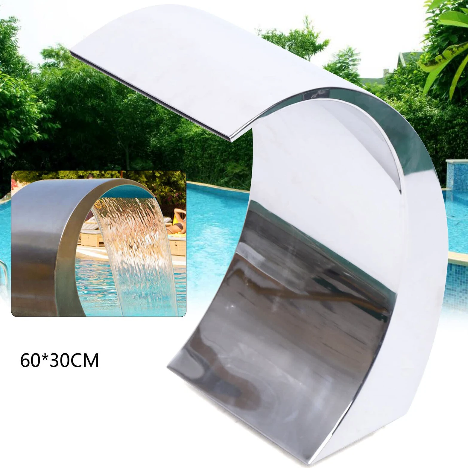 Fontaine de piscine en acier inoxydable - Douche cascade - 30 x 60 cm