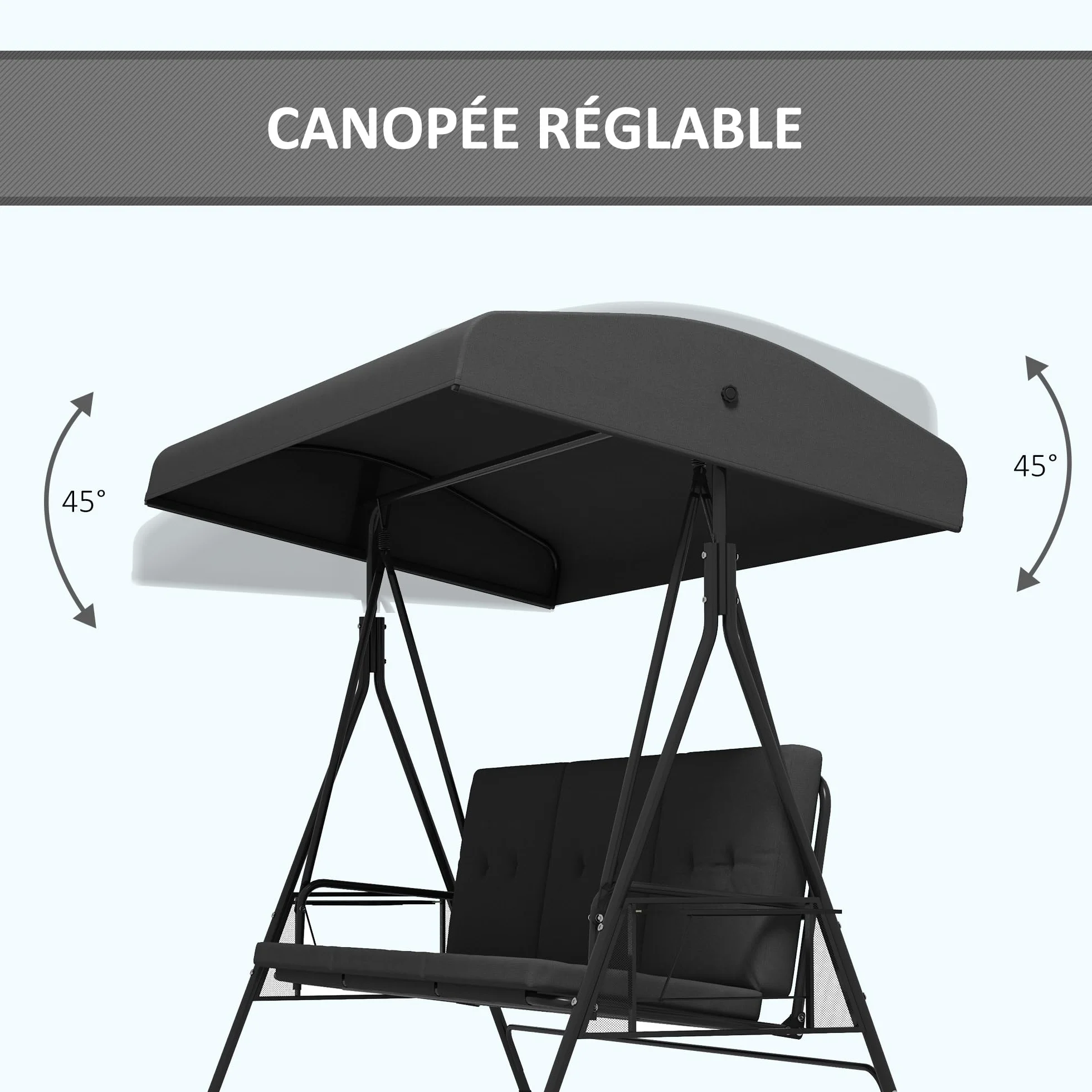 Outsunny Balancelle de Jardin 3 Places Grand Confort Toit réglable Acier Polyester Gris foncé