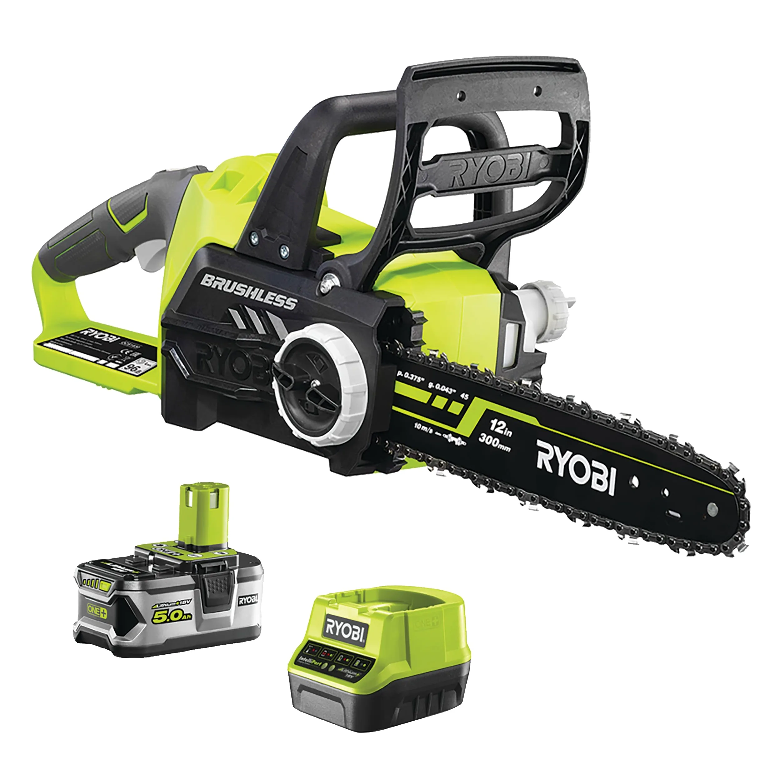 Tronçonneuse RYOBI RCS18X3050F Brushless 18V One+ avec batterie 5.0 Ah, moteur sans charbon, 30 cm de chaîne, antivibration, idéale pour élagage et abattage.