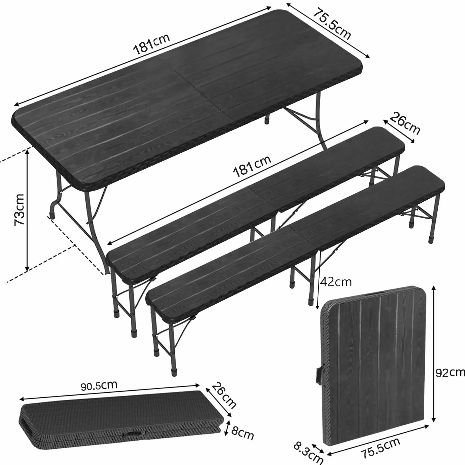 IZTOSS Ensemble Table Pliante et 2 Bancs de Jardin 8 Personnes Noir