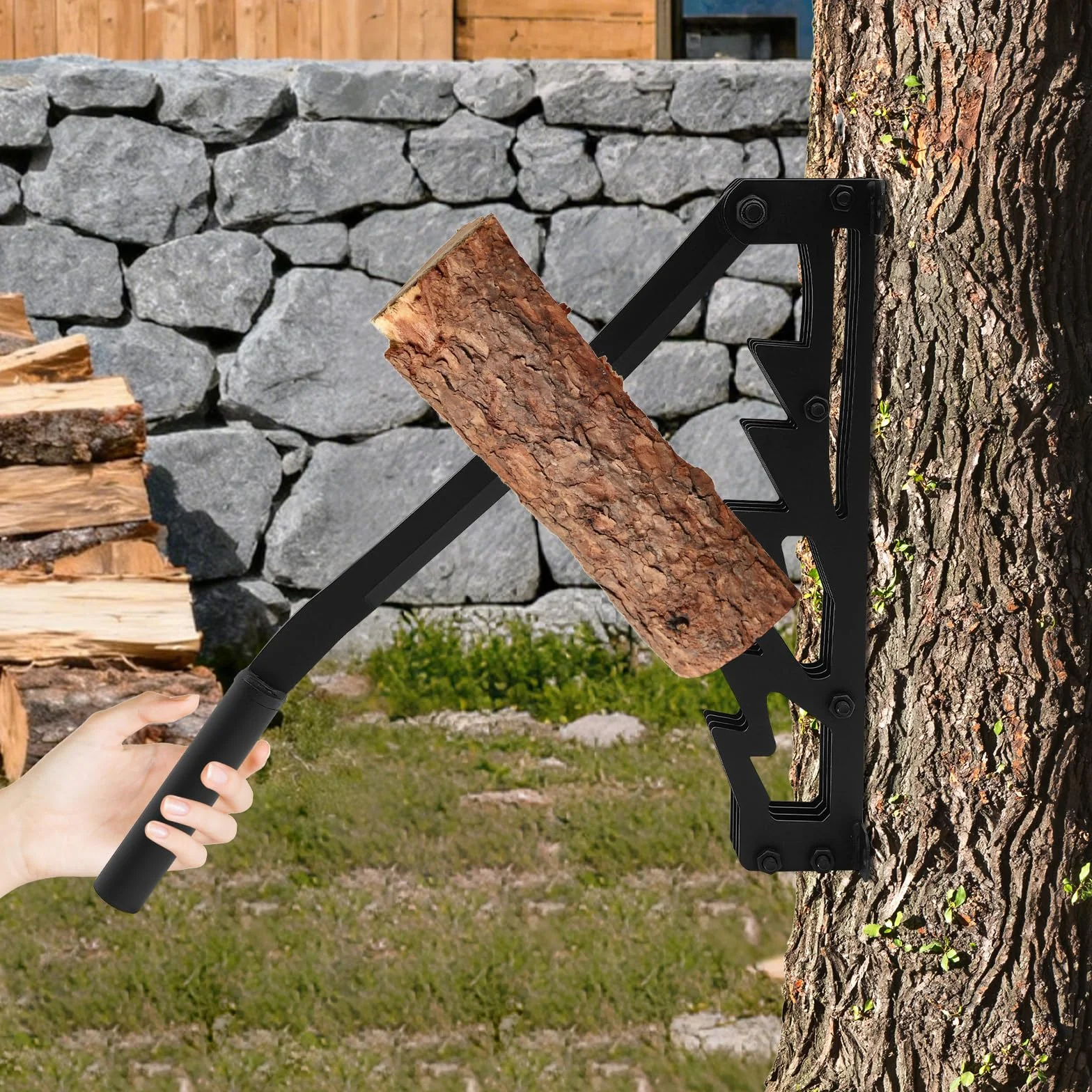 Fendeur de bûches manuel en fonte, support mural portable pour allumage de bois pour intérieur et extérieur, incl. 2 poignées détachables, porte-bois, gants et sac à bois de chauffage