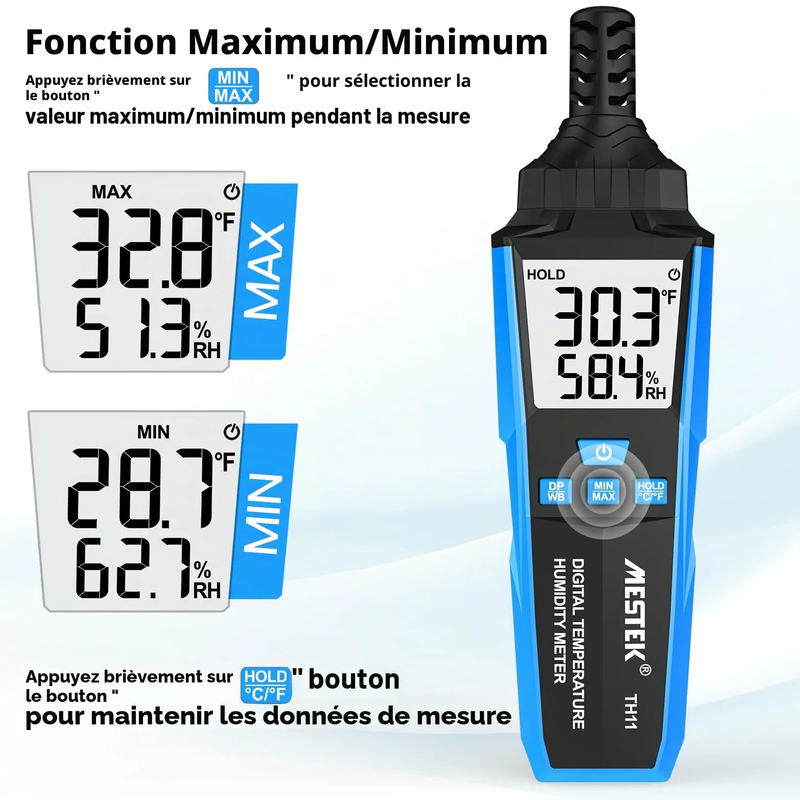 MESTEK Thermomètre Hygromètre Intérieur Extérieur, Thermo-Hygromètre Digital, Multifonctionnel à Haute Précision, pour Température/Humidité Ambiante, Température du Point de Rosée et Bulbe Humide