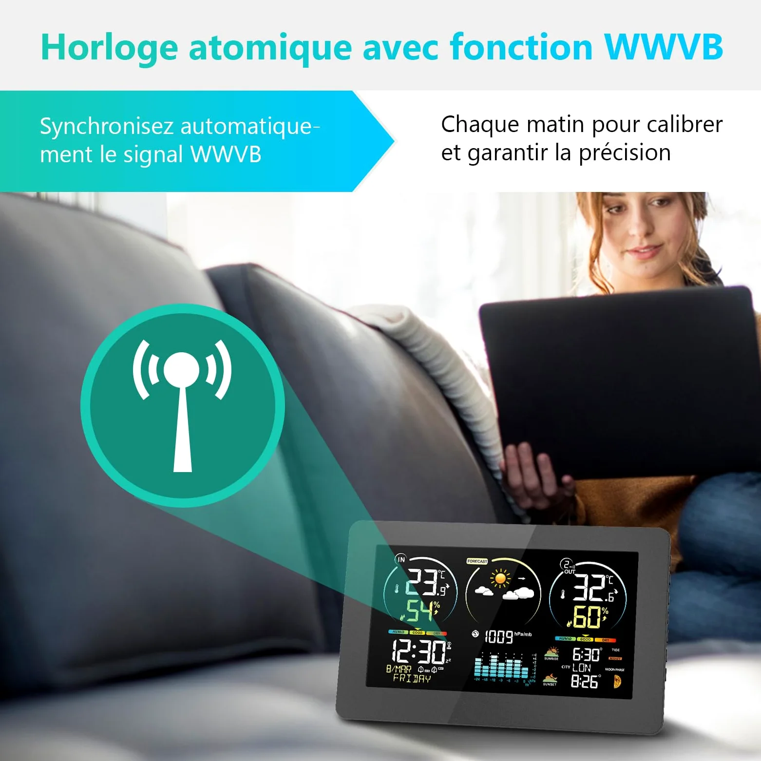 Station Météo Intérieur Extérieur Sans Fil avec 1 Capteur Extérieur | Thermomètre Hygromètre Digital, Écran LCD Couleur, Horloge Radio-commandée, Réveil Snooze, Calendrier, Prévisions Météo