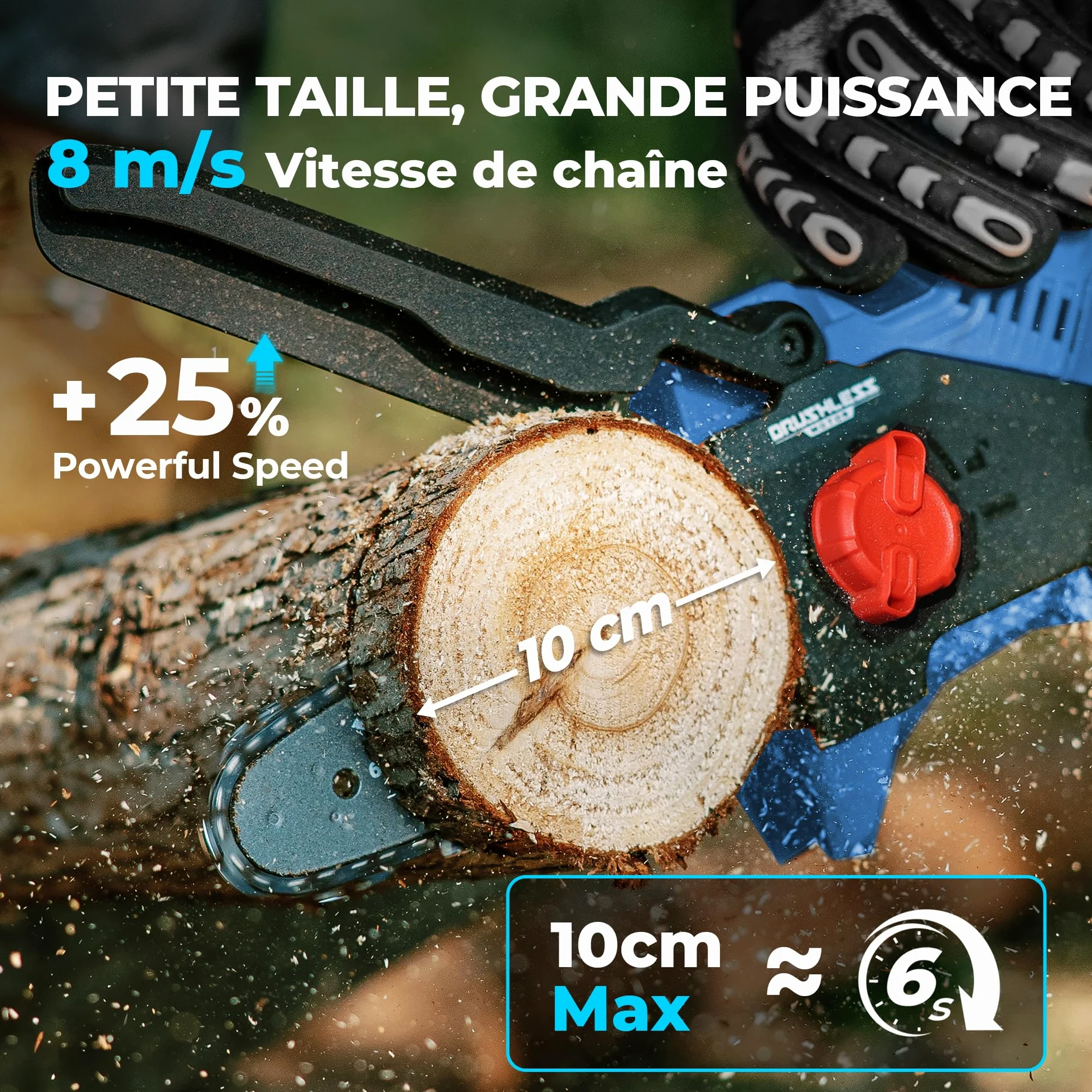 DongCheng mini tronconneuse a batterie 20V, brushless 750W, 2×2000mAh, 8m/s | Jusqu'à 270 coupes dans bois 50×50mm, 1,2kg scie légère à une main, tension de chaîne sans outil, graissage auto, guide 15cm