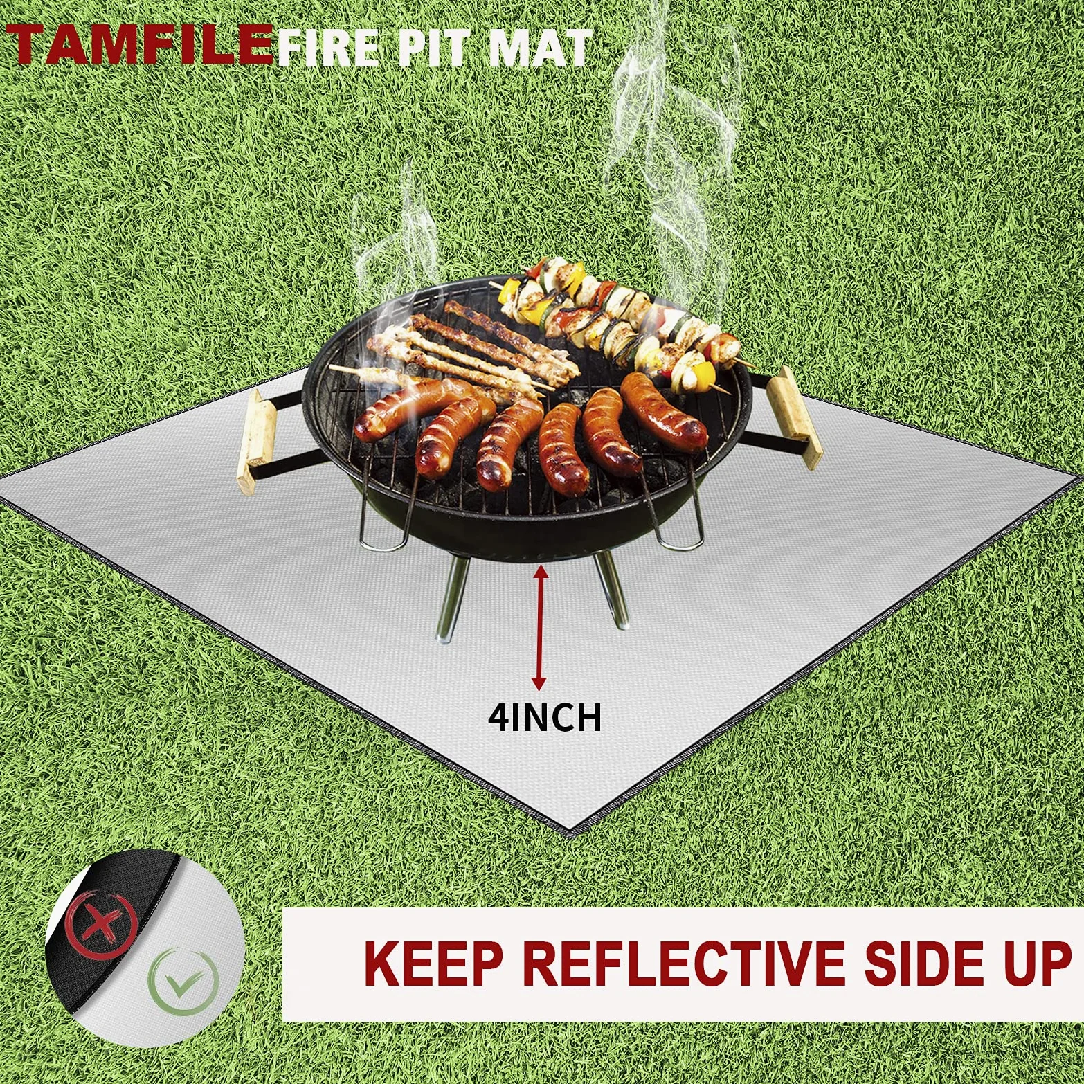 Tamfile Tapis de foyer carré de 101,6 cm, grand tapis de feu ignifuge pour cheminée sous le foyer, tapis de gril d'extérieur pliable résistant à la chaleur pour terrasse, herbe, camping, terrasse