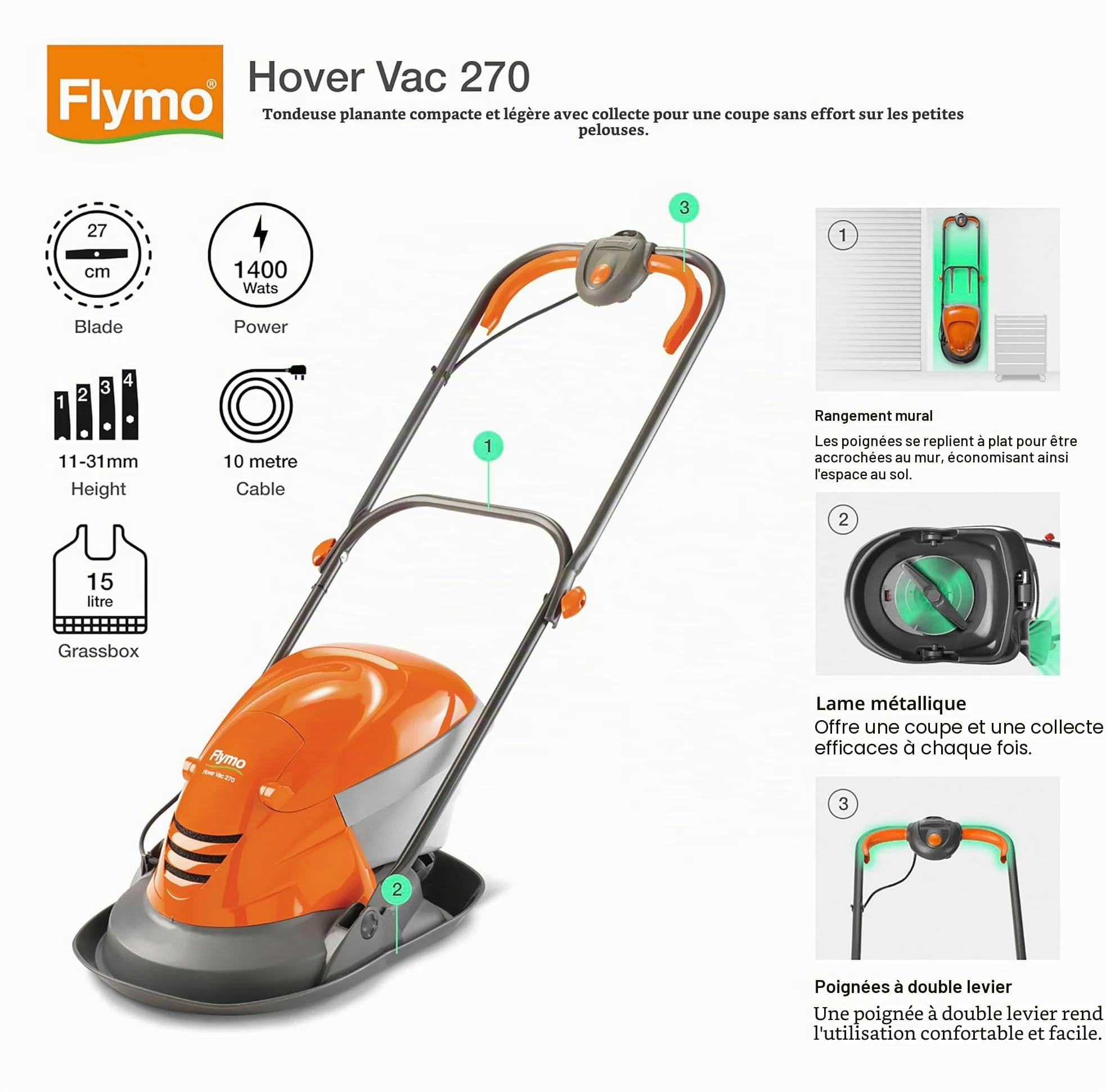 Flymo Hover Vac 270 Tondeuse à Gazon électrique 1400 W Largeur de Coupe 27 cm Bac à Gazon 15 l