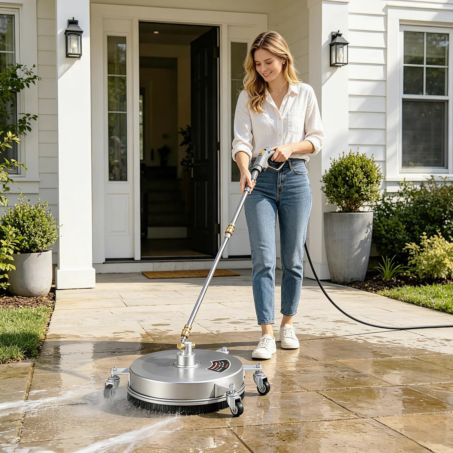 Nettoyeur Surface, Nettoyeur Surface pour Haute Pression 14'' Machine Nettoyage pour Pavés à 4 Roues Boîtier en Acier Inoxydable Raccord Rapide 1/4 Pouce et 2 Lances D'extension (14")