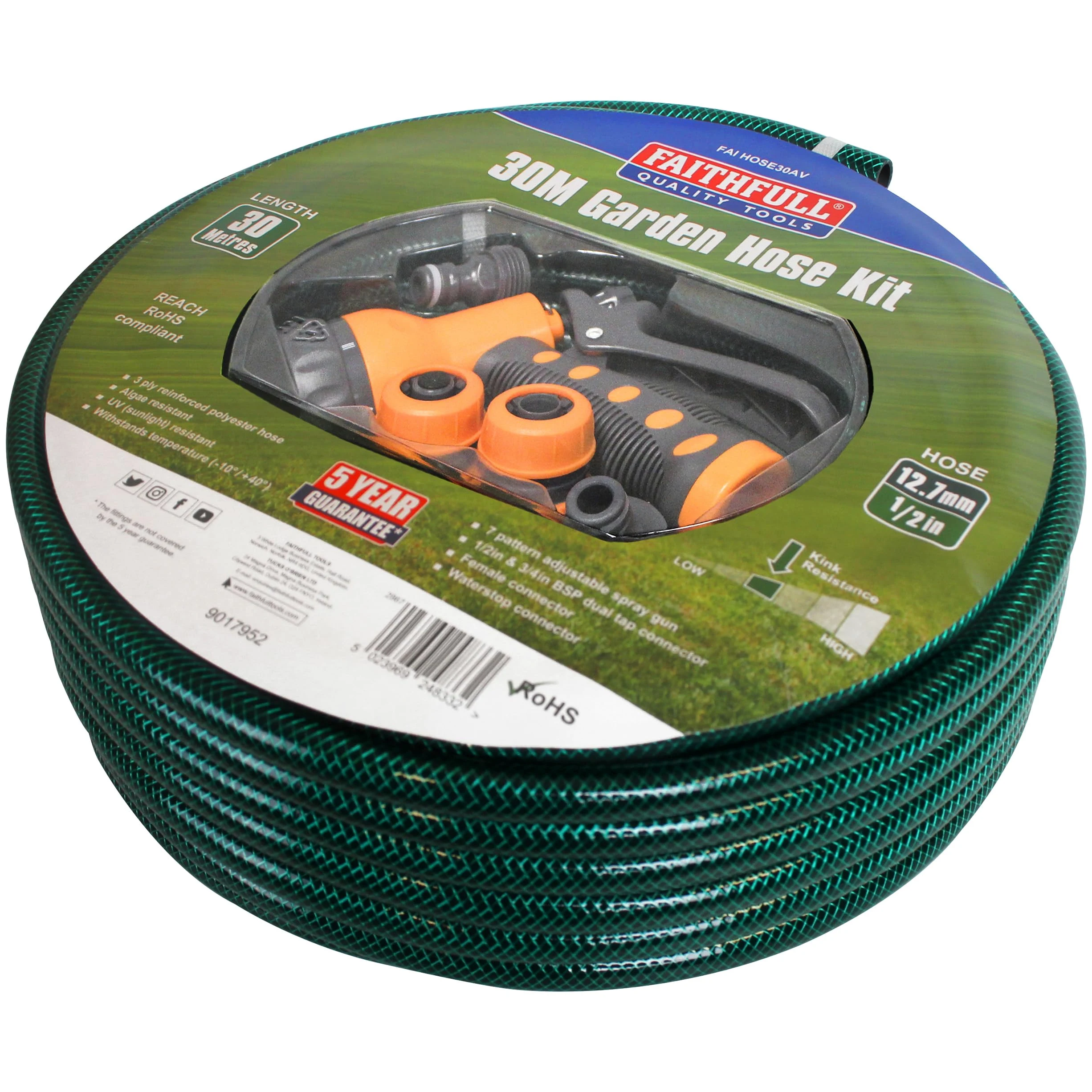 Kit tuyau renforcé Faithfull 30m avec raccords et pistolet
