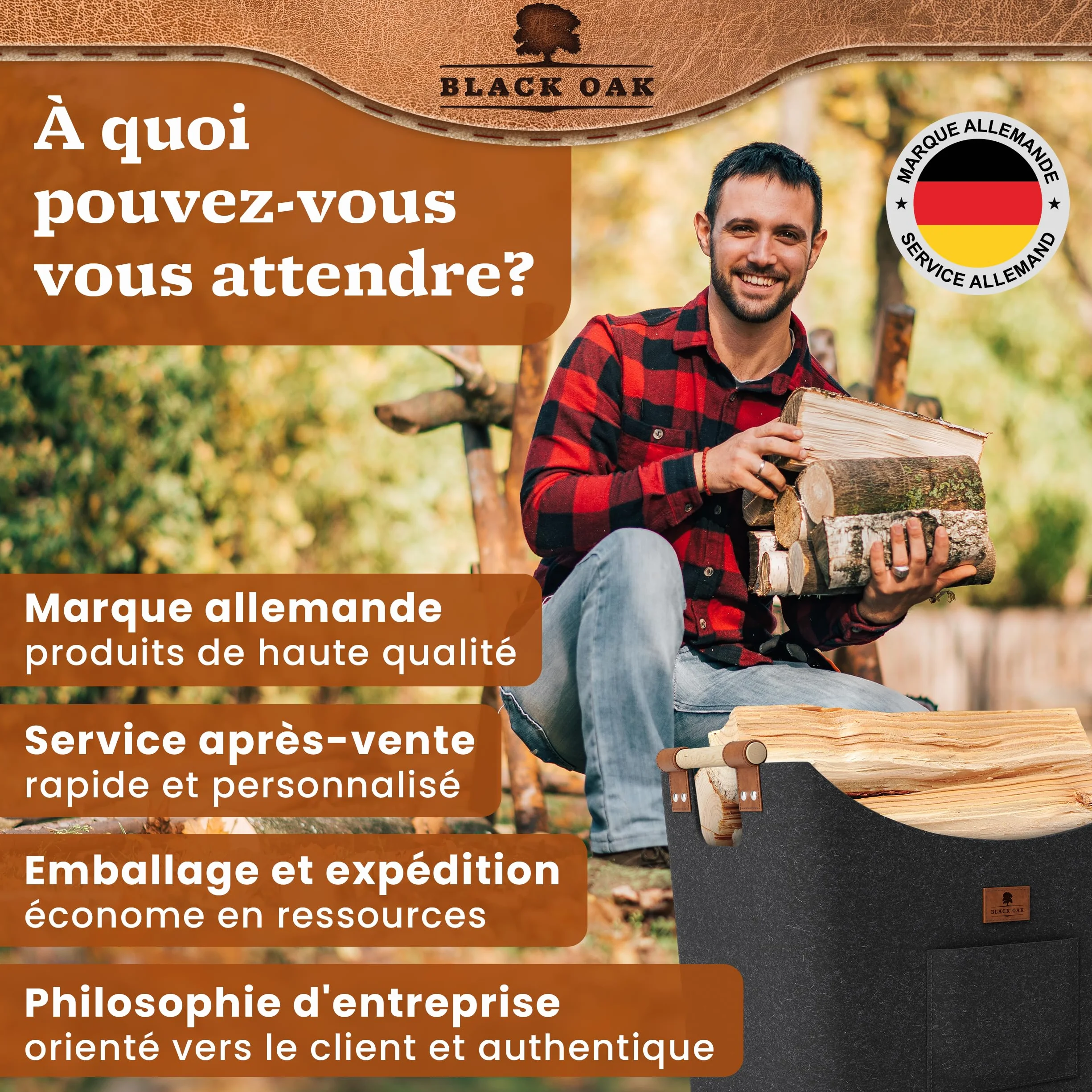 BLACK OAK Montana XL Panier en feutre et bois pour bois de chauffage, cuir véritable, poignées larges, poche avant extra grande, pliable