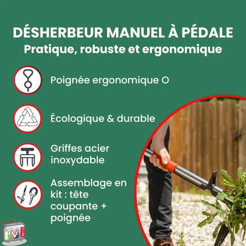 Venteo Desherbeur Manuel à Pédale en Kit | Outillage Jardin Professionnel | Outil Multifonction pour Extraction Racines Pissenlit | Entretien Gazon Sols Extérieurs Alternative aux Outils de Coupe