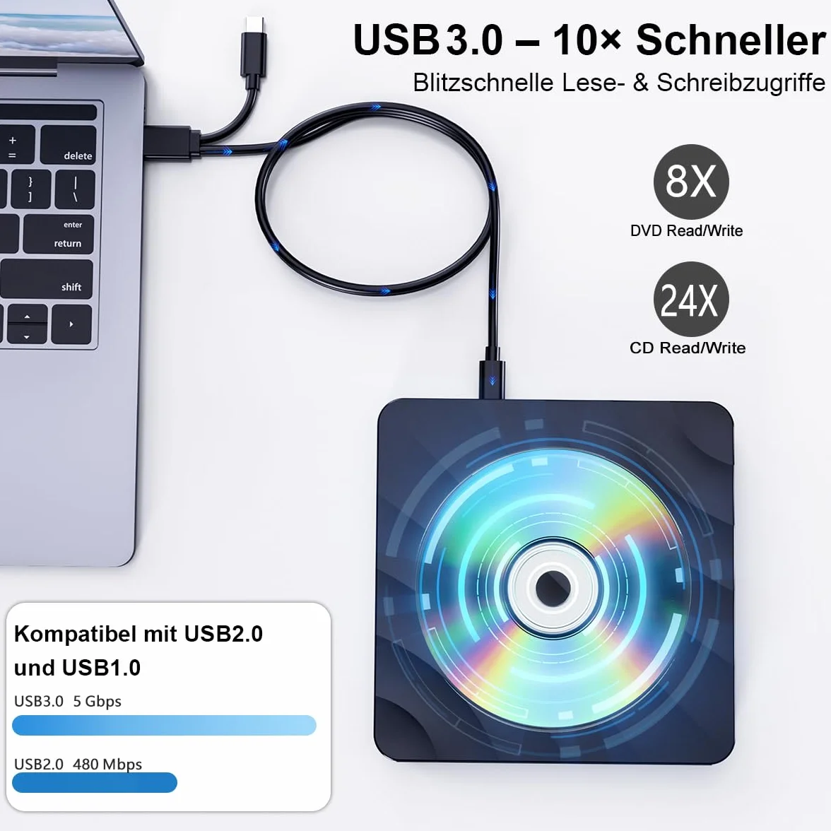 Lecteur CD DVD Externe USB 3.0 Graveur DVD RW pour PC Windows Mac OS Linux