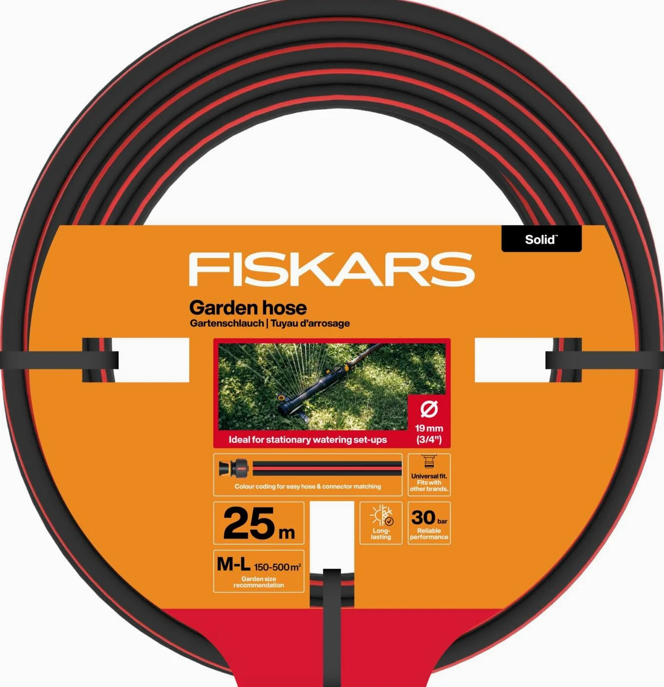 Fiskars Tuyau d'Arrosage M-L, Solid, Tuyau pour Système d'Irrigation, 19 mm (3/4"), Longueur : 25 m, Raccord Universel, Protégé contre les UV, Résistant au Gel, Résistant à la Torsion, Rouge, 1076062