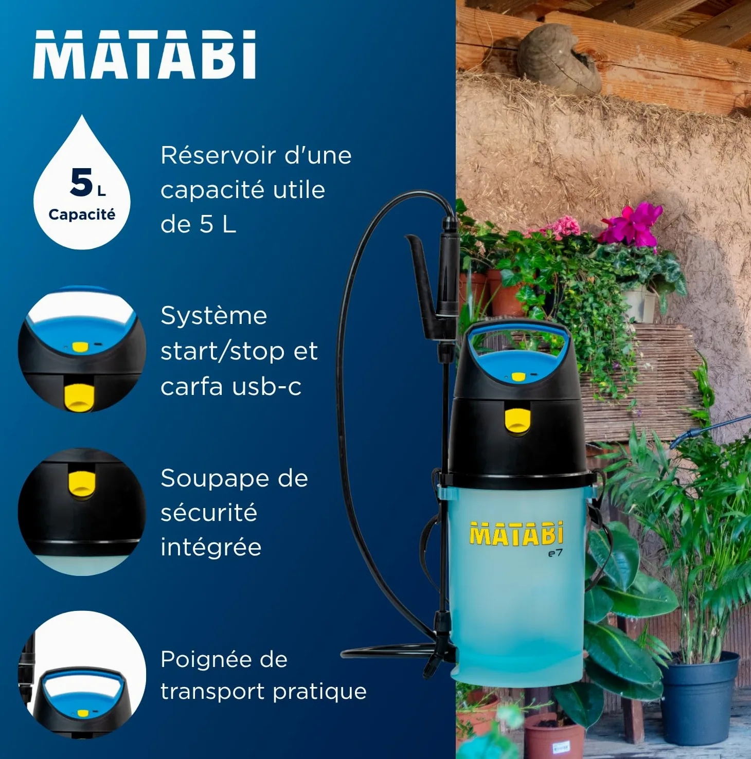 Matabi E7 - Pulvérisateur Électrique 5 L - Start/Stop USB-C - Autonomie 50L | Pulverisateur de Jardin avec Batterie, Tuyau 1,3 m, buse conique réglable, voyant LED, lance 36 cm, pour jardin et potager