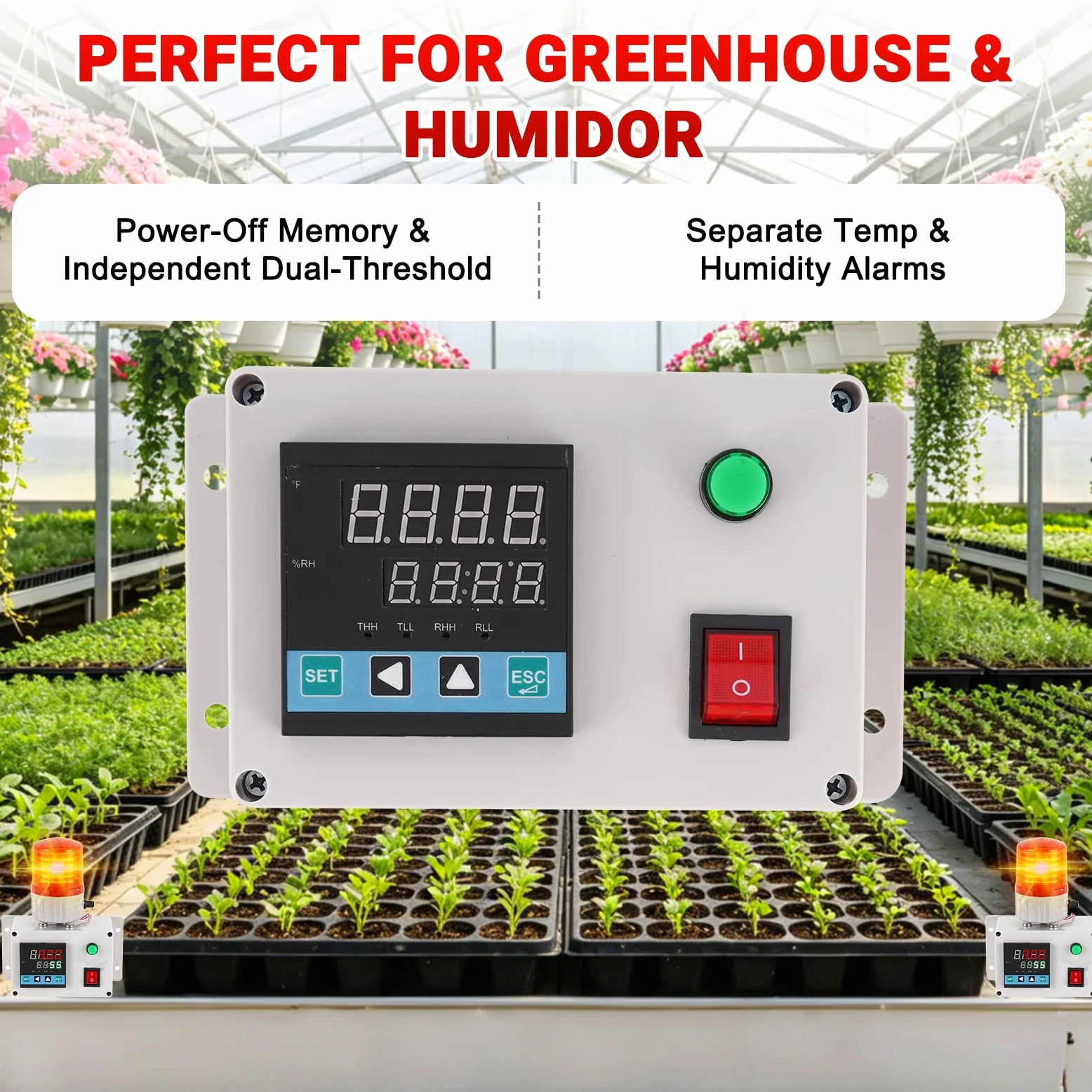 JIAWANSHUN Thermomètre hygromètre numérique industriel de -40 à 85 °C 0 à 100 % RH - Alarme indépendante - Alarme sonore - Alerte lumineuse - Calibrage pour serre, maison pour animaux de compagnie