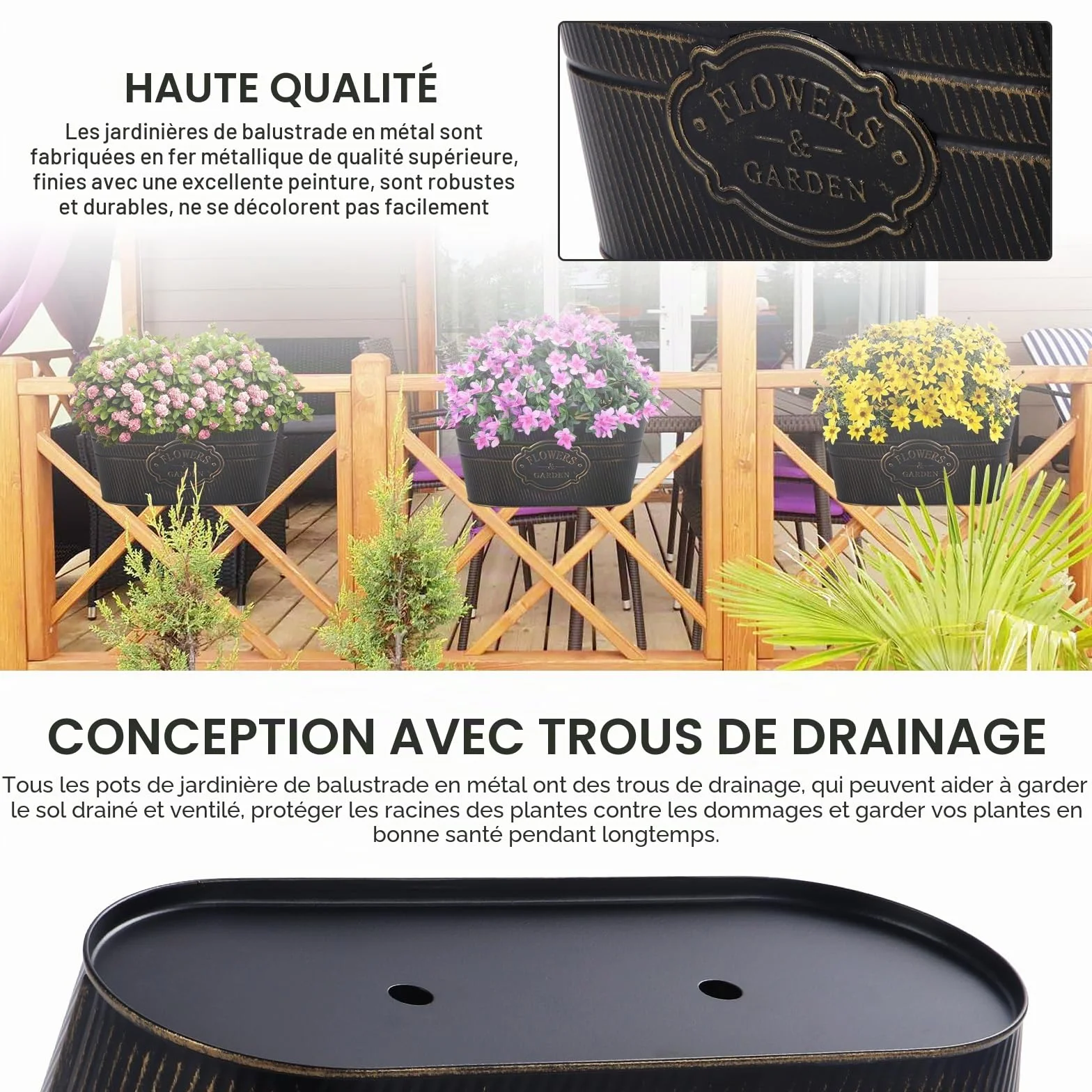 Lot de 4 Jardinières Suspendues Métal avec Crochets Amovibles pour Plantes Balcon Jardin