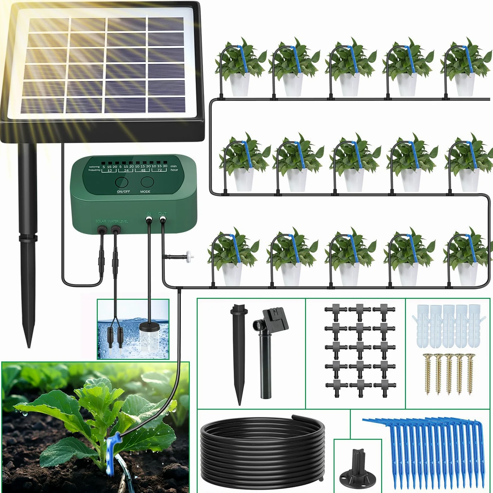 SoulBay Kit d'irrigation Goutte à Goutte Automatique à énergie Solaire, 12 Modes de Synchronisation, avec tuyau d'arrosage de 15 m pour jardin intérieur et extérieur en pot