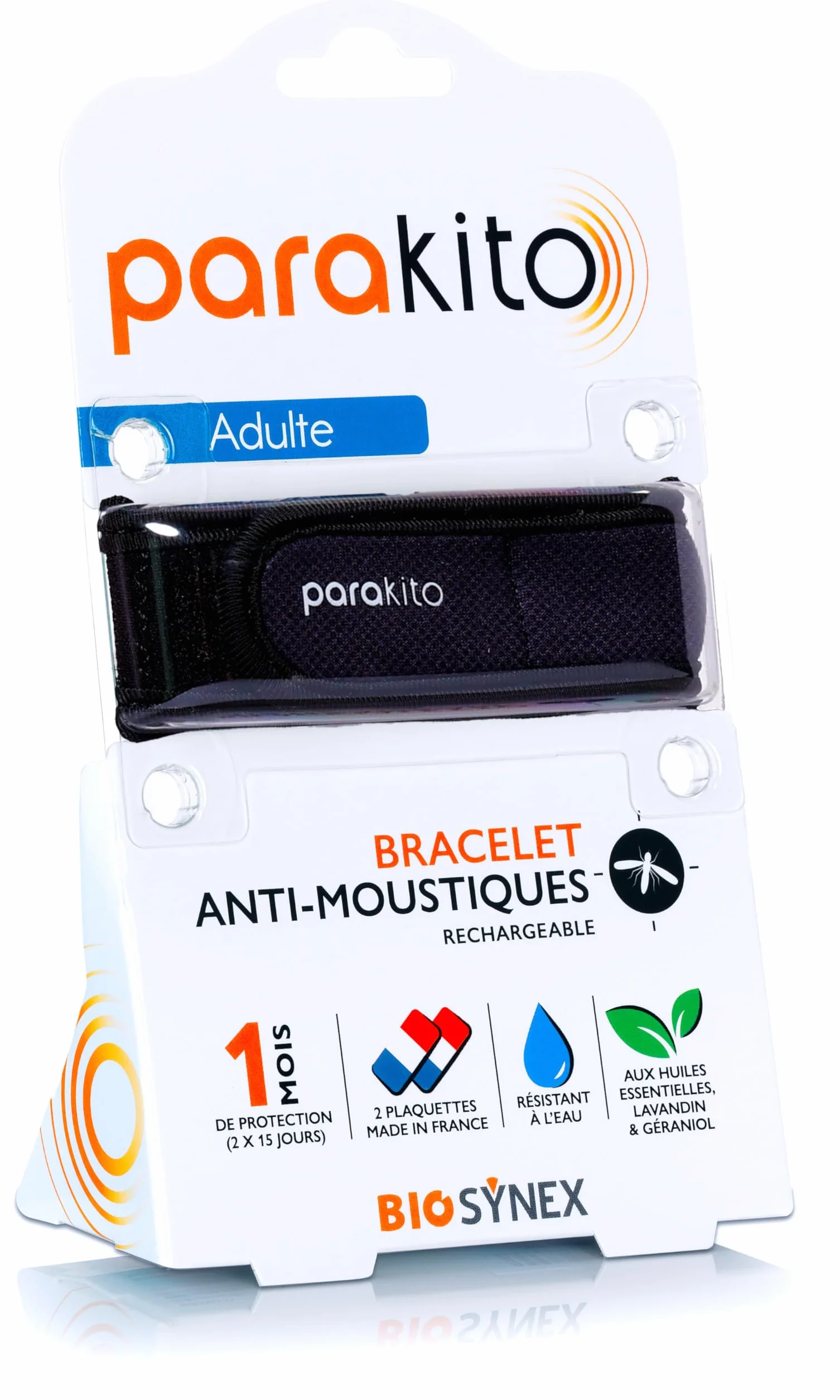 PARAKITO Bracelet Anti-Moustiques Réutilisable 2 Plaquettes Huiles Essentielles 1 Mois Protection Sans DEET Taille Adulte Noir
