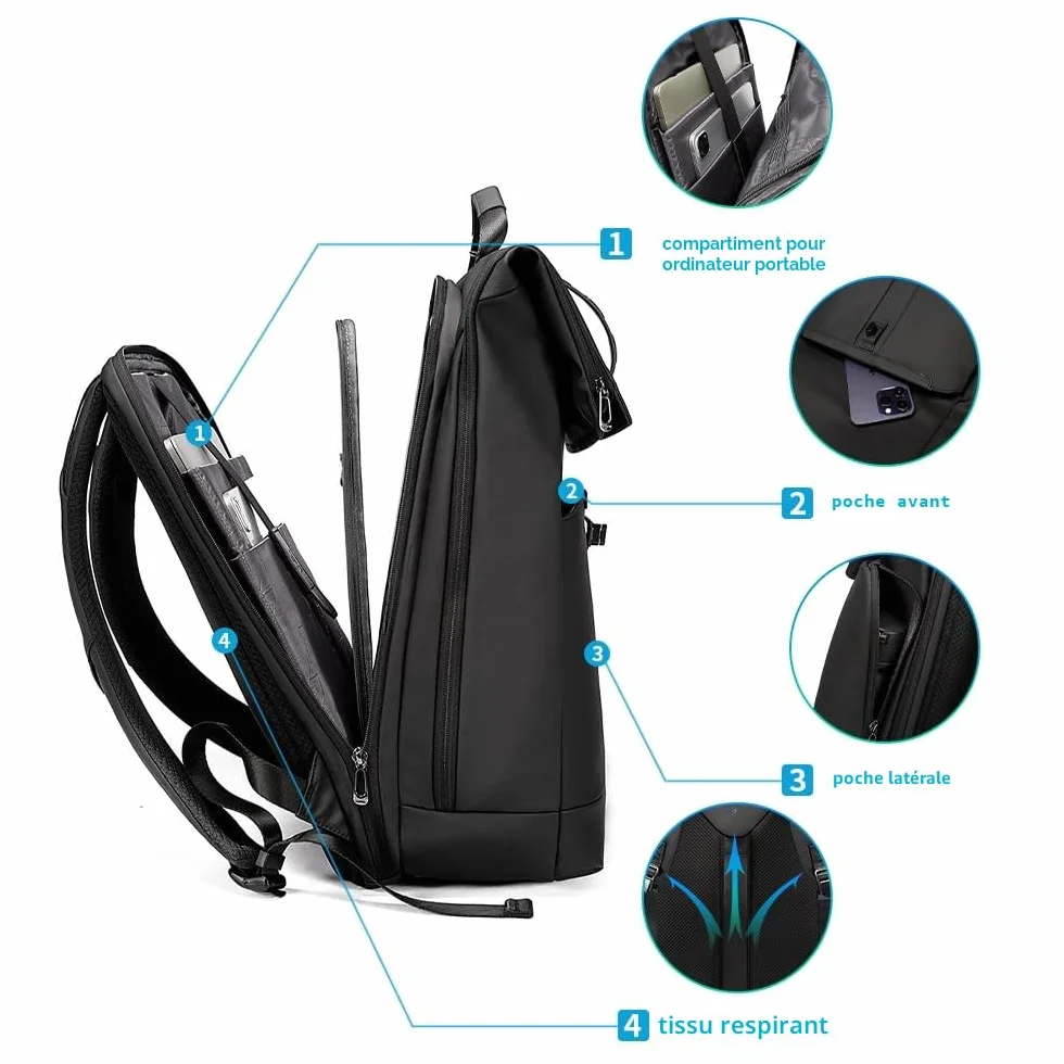 BANGE Grand sac à dos ordinateur portable 15,6" imperméable antivol voyage randonnée