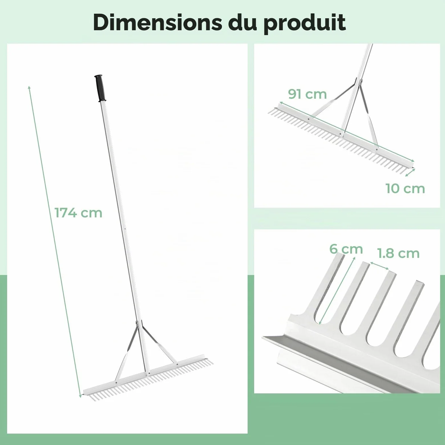 SOARS Râteau Jardin en Aluminium, Large Tête de 91 CM avec 36 Dents, Manche 174 CM, Aérateur Gazon pour l'Entretien de la Pelouse, Paysage (Style B)