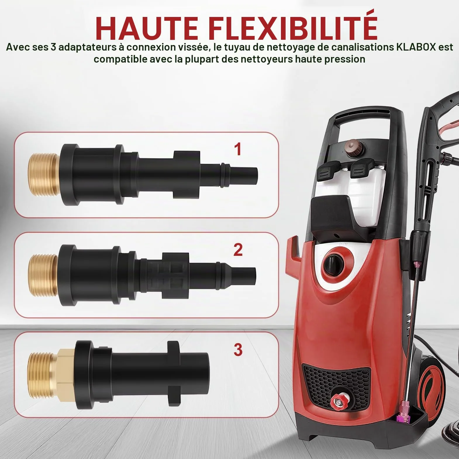 Tuyau de débouchage 15 m pour canalisation avec 3 adaptateurs et 2 buses | Flexible haute pression pour Karcher et Lavor, nettoyeur anti-bouchon, adapté aux canalisations, conduits et évacuations
