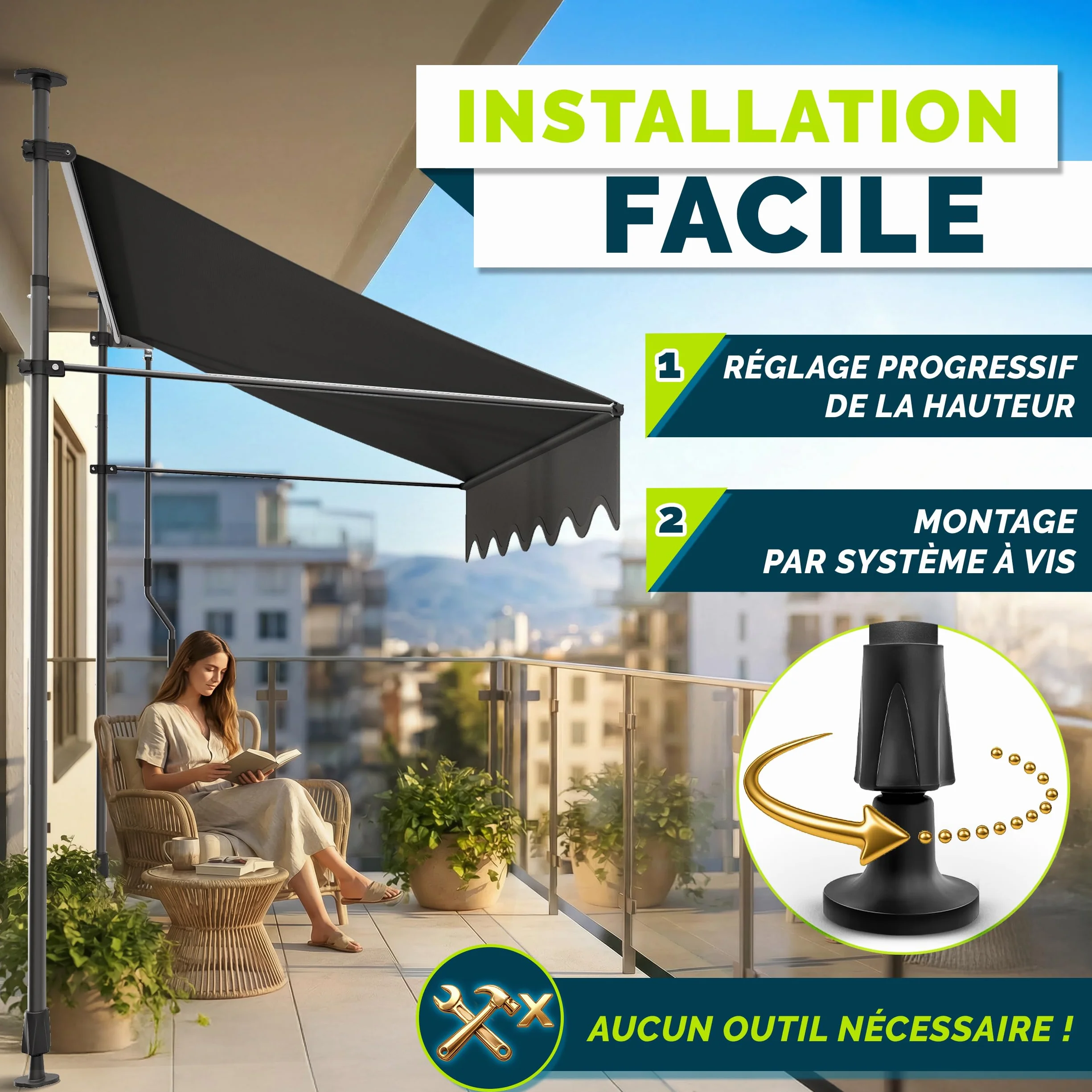 Markiza rétractable avec manivelle pour balcon terrasse sans percement auvent télescopique Anthracite 150cm