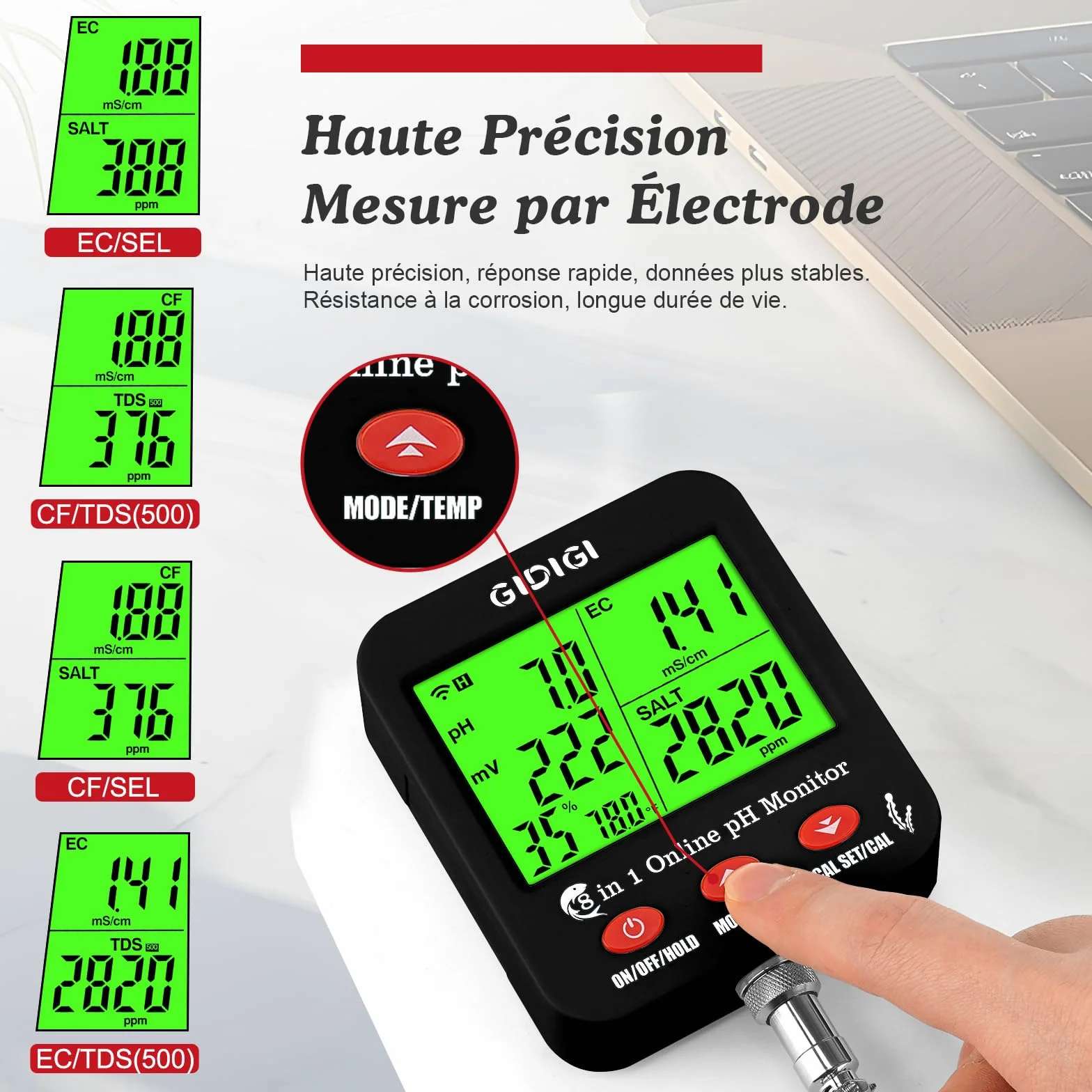 Testeur intelligent WiFi 8 en 1 de pH/EC/CF/TDS/salinité avec ORP | moniteur de nutriments hydroponiques et testeur sel et de pH pour aquariums, bassins et systèmes hydroponiques