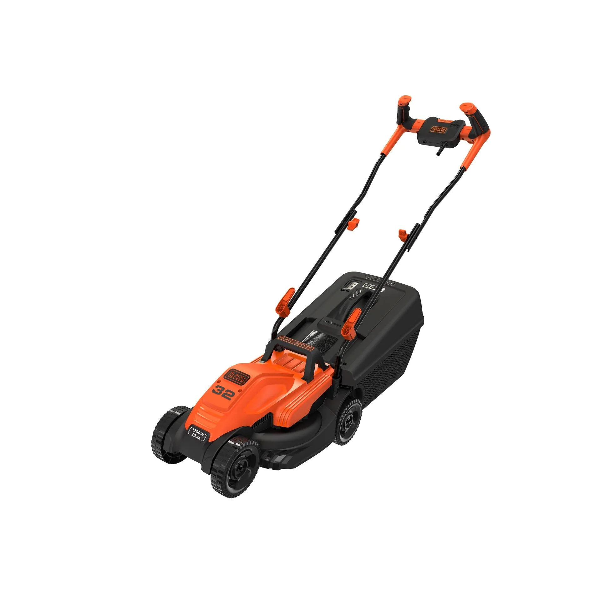 BLACK+DECKER Tondeuse Filaire 1200W, Tondeuse à Gazon 32 cm, 3 hauteurs réglables 23, 43 et 63 mm, Idéale Jusqu'à 300 m², Lame à Ailettes pour un Broyage et Hachage Optimal, BEMW451-QS Orange