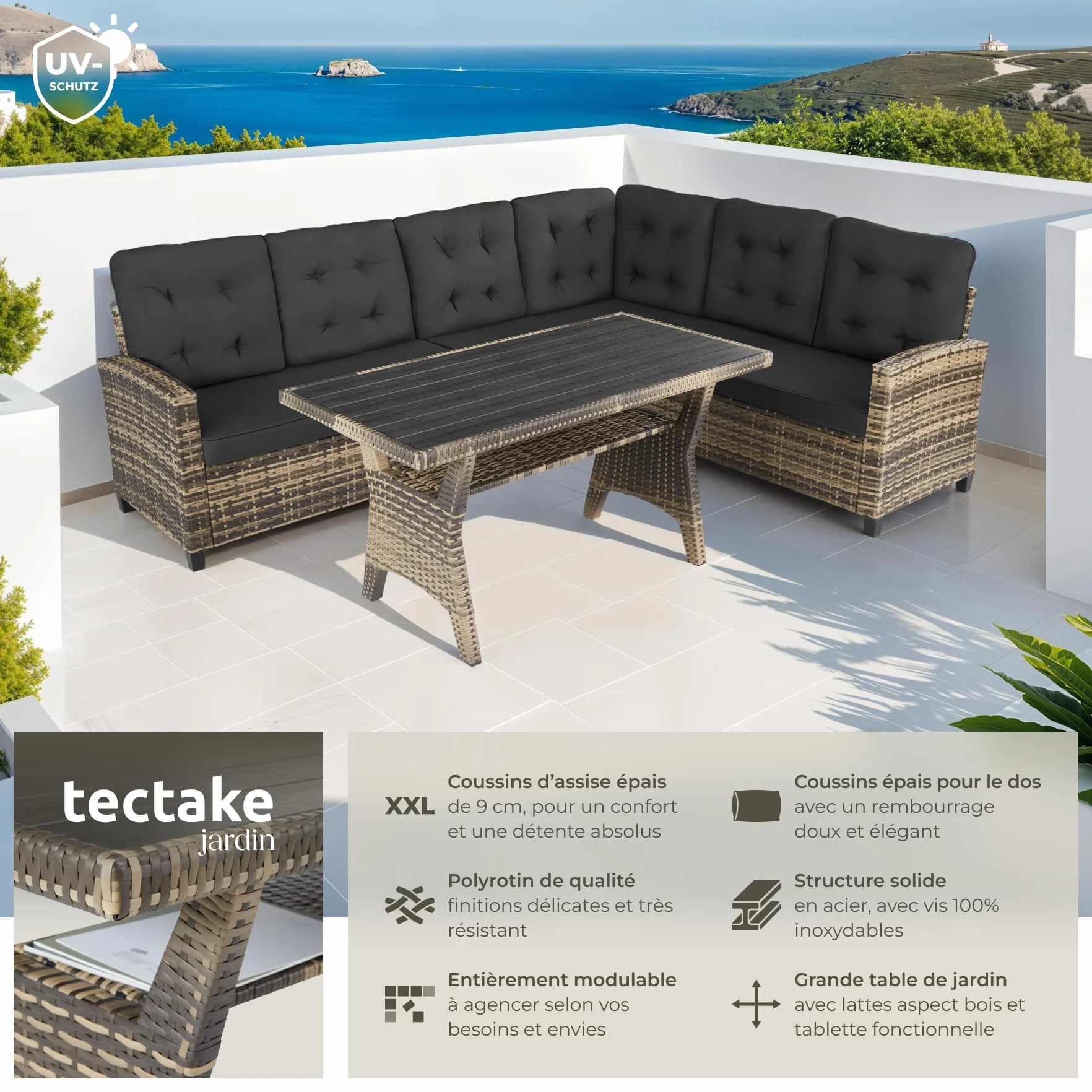 tectake Ensemble Salon de Jardin XXL Poly Rotin Canapé 6 Places Table Jardin Mobilier Exterieur