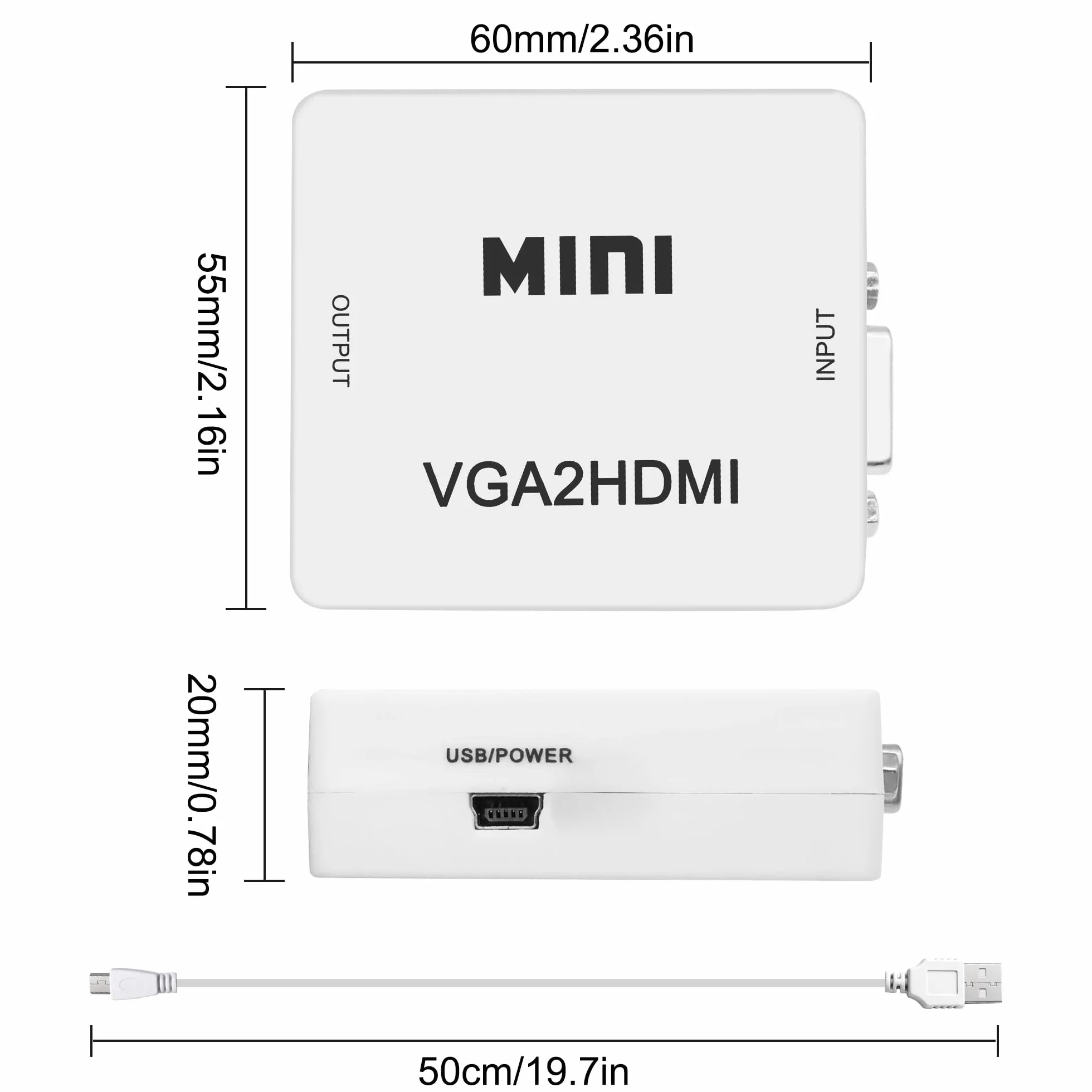 Convertisseur VGA vers HDMI 1080p avec port audio 3,5 mm pour PC, ordinateur portable, projecteur (blanc)