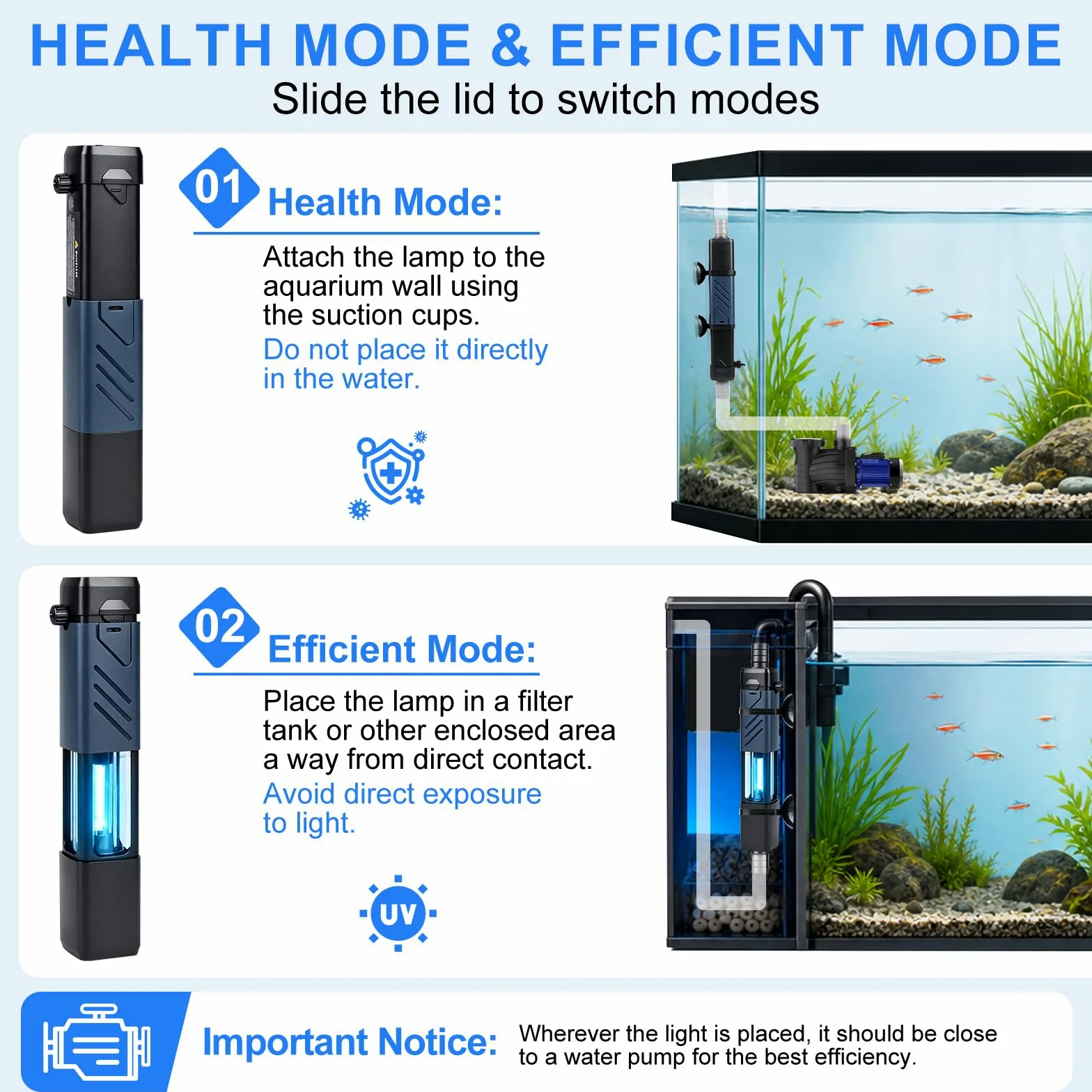 EXLECO 10W UV Stérilisateur pour Aquarium, Clarificateur à Glissière | avec 4 Niveaux de Minuterie, Usage Aquatique et Terrestre, pour Aquariums de 100 à 180 cm, Contrôle des Algues, UVF-1010