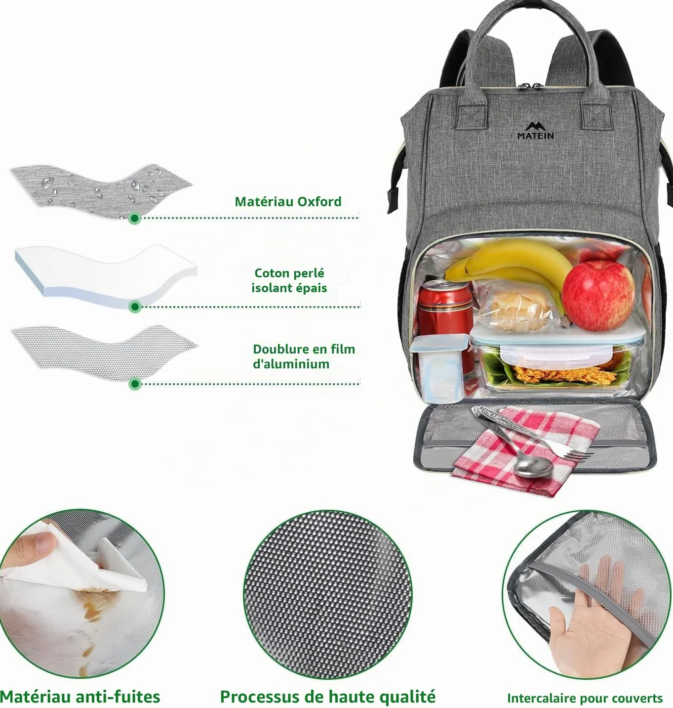 MATEIN Sac à Dos Isotherme Repas 15,6 Pouces Ordinateur Femme Homme Voyage Imperméable Gris