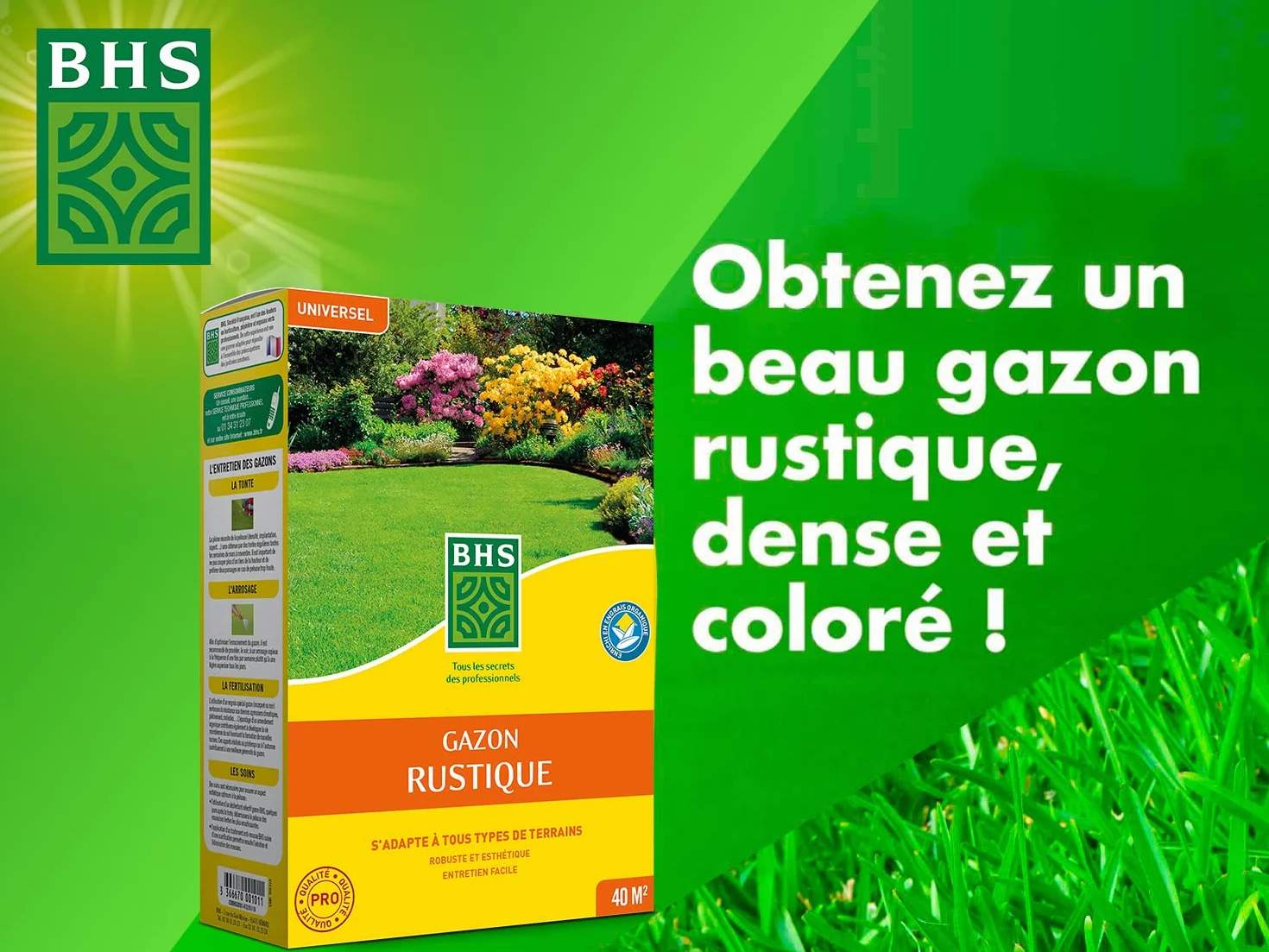 Gazon Rustique BHS GRU1 1kg 40m² Résistant Robuste Tous Terrains Climats