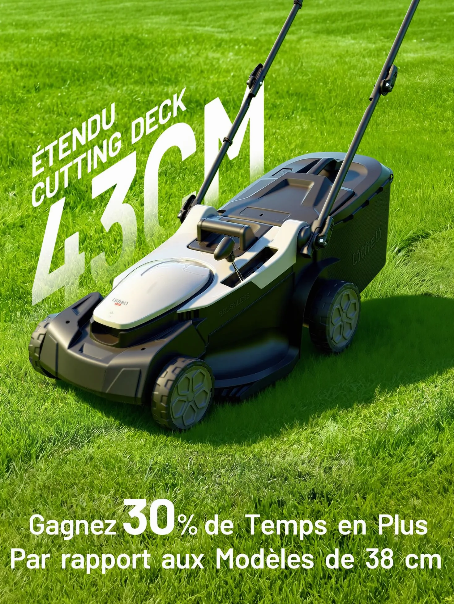 Litheli Tondeuse à Gazon sans Fil 43cm Coupe - Moteur Brushless, 2X 20V Batteries 4.0Ah, Hauteur Réglable 25-75mm, Bac 40L, pour Pelouses jusqu'à 500m² (Jardin & Petits Espaces)