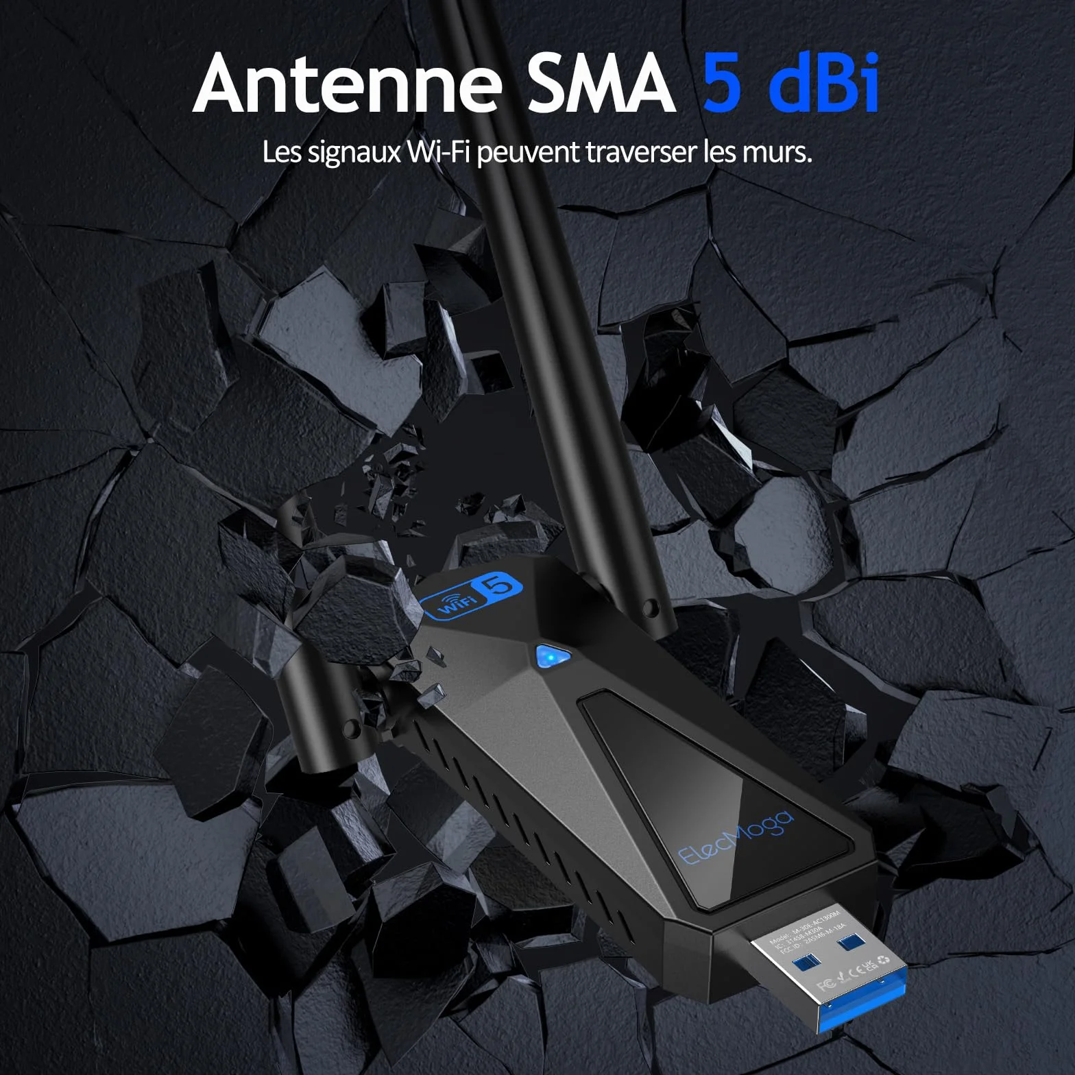 ElecMoga Clé WiFi 1300Mbps USB 3.0 Dual Band 2.4GHz/5GHz Antenne 2x5dBi Compatible Windows 11/10/8/7/Vista/XP Mac Linux