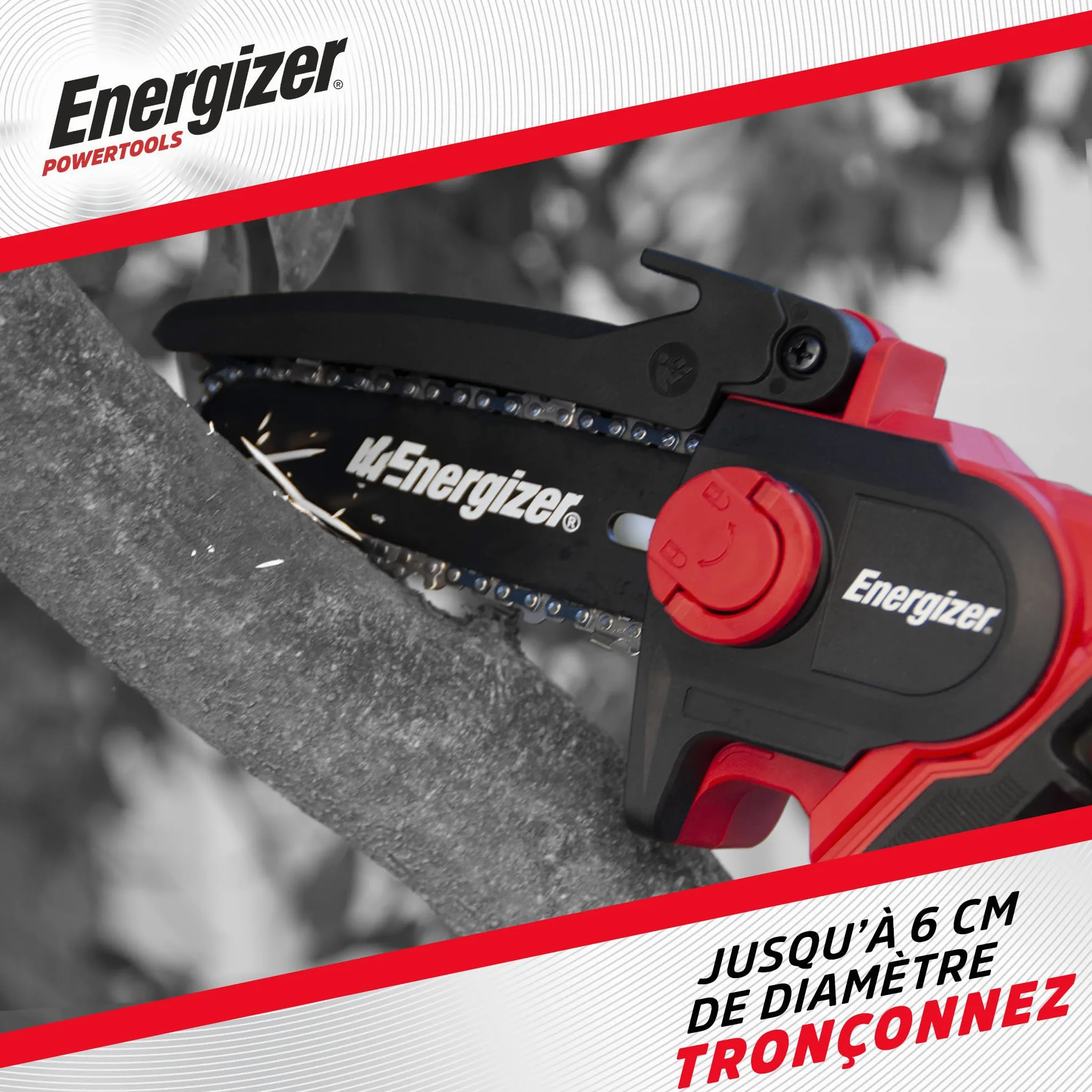 Energizer – Tronçonneuse Sans Fil 20V, Lame 120 mm – Vitesse 5 m/s – Ultra Compacte, Poignée Soft Grip – 2 Chaînes + Huile Incluses – Inclus 2 Batteries 2AH + Chargeur rapide Idéale Élagage, Jardinage