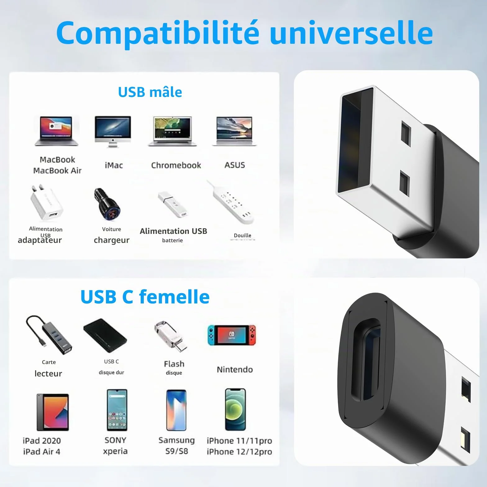 Adaptateur USB C vers USB 3.0 2 pièces Charge Rapide Data Sync Compatible iPhone 16 15 Plus Pro Max MacBook iPad Air Samsung