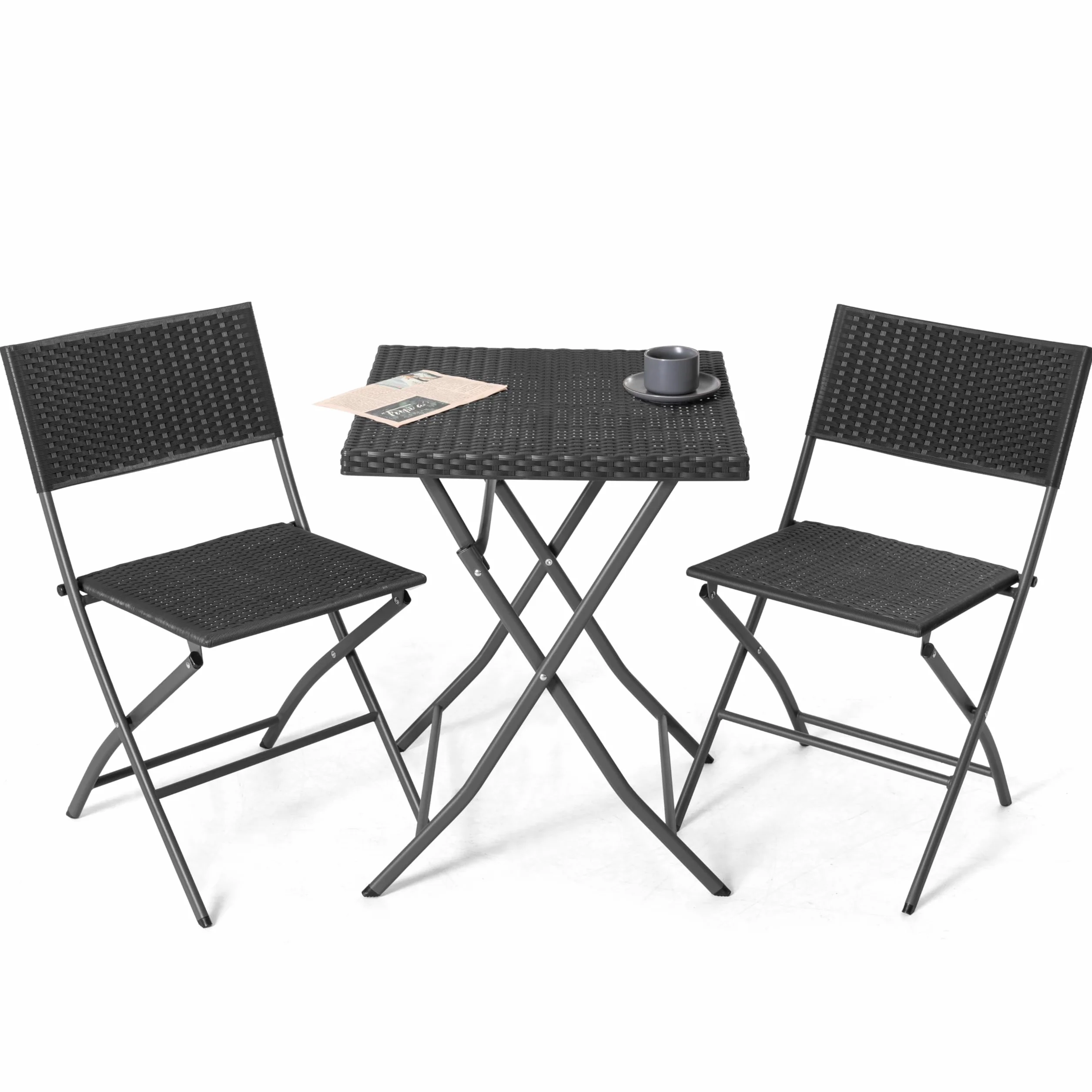 Avestar Ensemble de Bistrot Pliable 3 Pièces Table & 2 Chaises en Rotin PP, Résistant aux Intempéries, Noir
