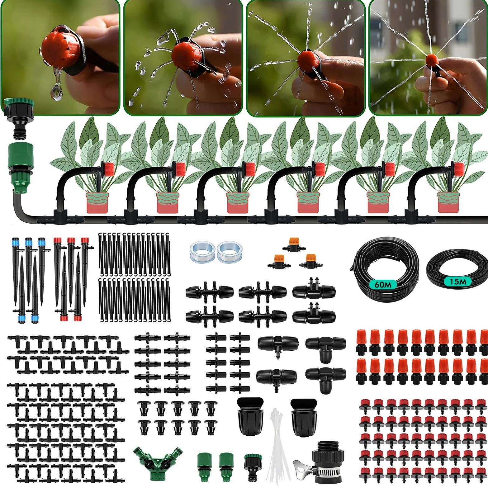 Nikou Système d'irrigation Jardin, 315 Pièces Micro Irrigation Goutte à Goutte Kit avec 60M + 15M Tuyau, Kit Arrosage Automatique pour Paysage Refroidissement, Pelouse, Plante, Potager
