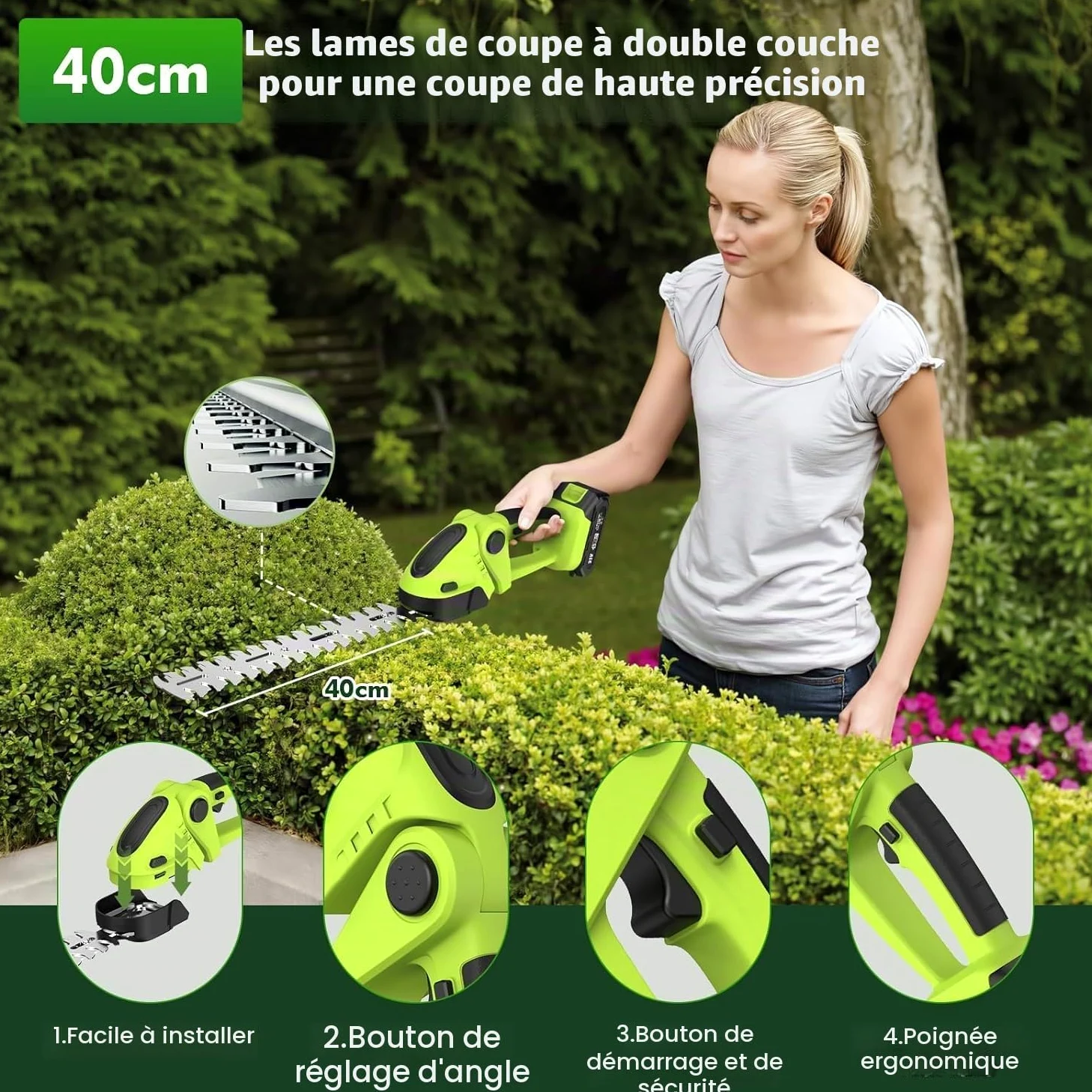 Tronçonneuse Électrique et Taille Haie sans Fil avec Perche 4 en 1, Élagueuse sur Perche avec 4 Chaînes 2 Batteries Taille Haies Telescopique, Angle Réglable, Idéal Jardin Verger Élagage/Taille Haie